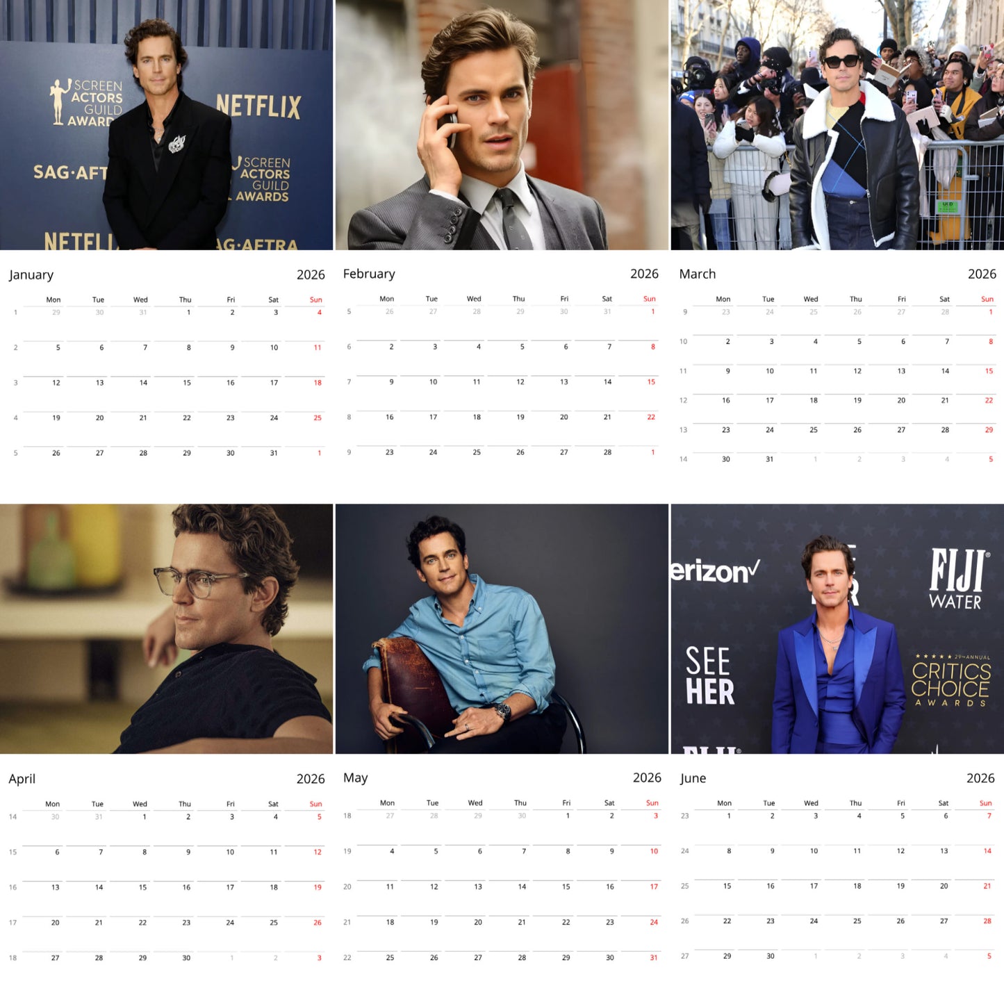 Matt Bomer 2026 Wall Calendar β Celebrity Fan Poster Calendar, Premium Quality Collectible Gift for Admirers & Fans