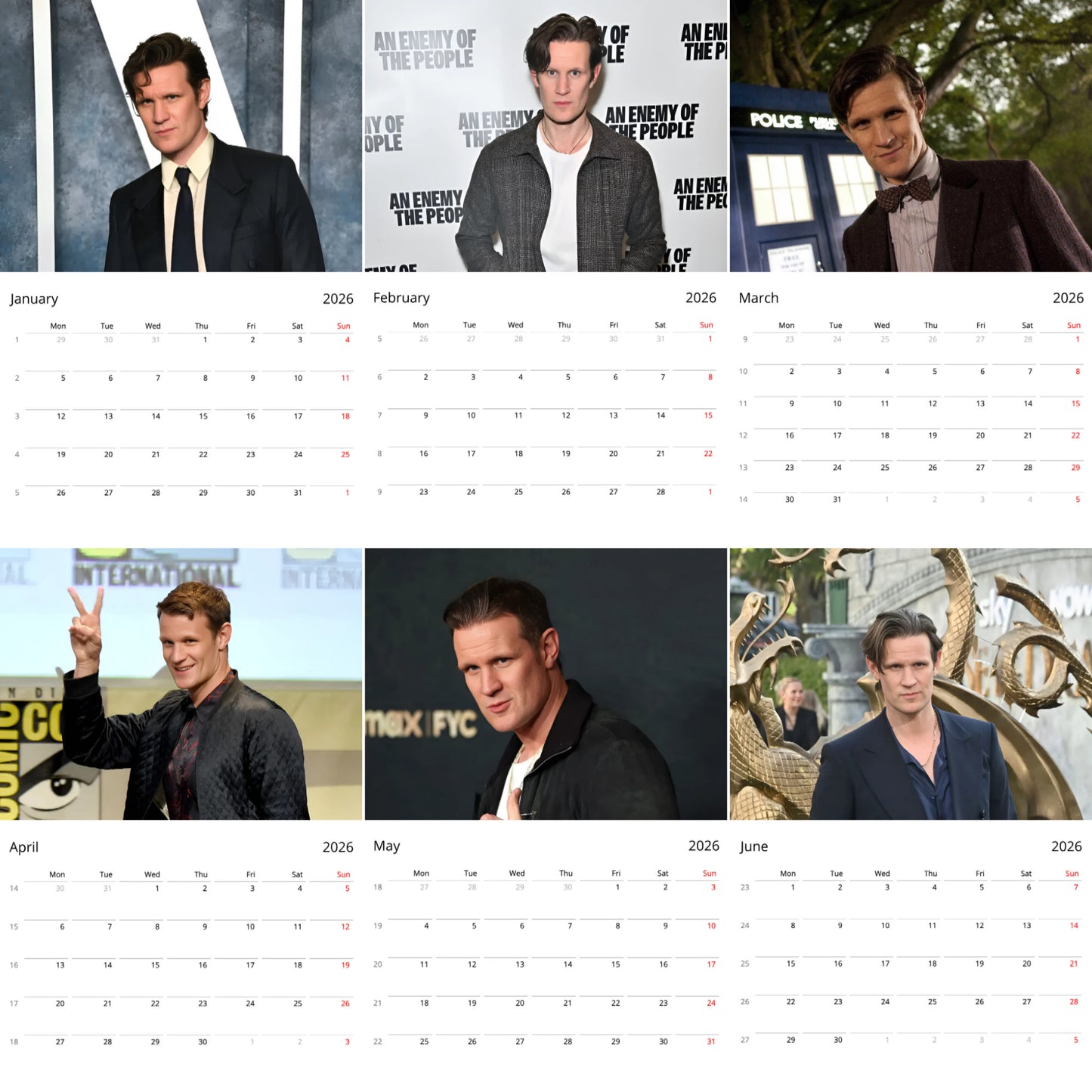 Matt Smith 2026 Wall Calendar β Premium Actor Calendar for Fans, Sci-Fi Legend Gift