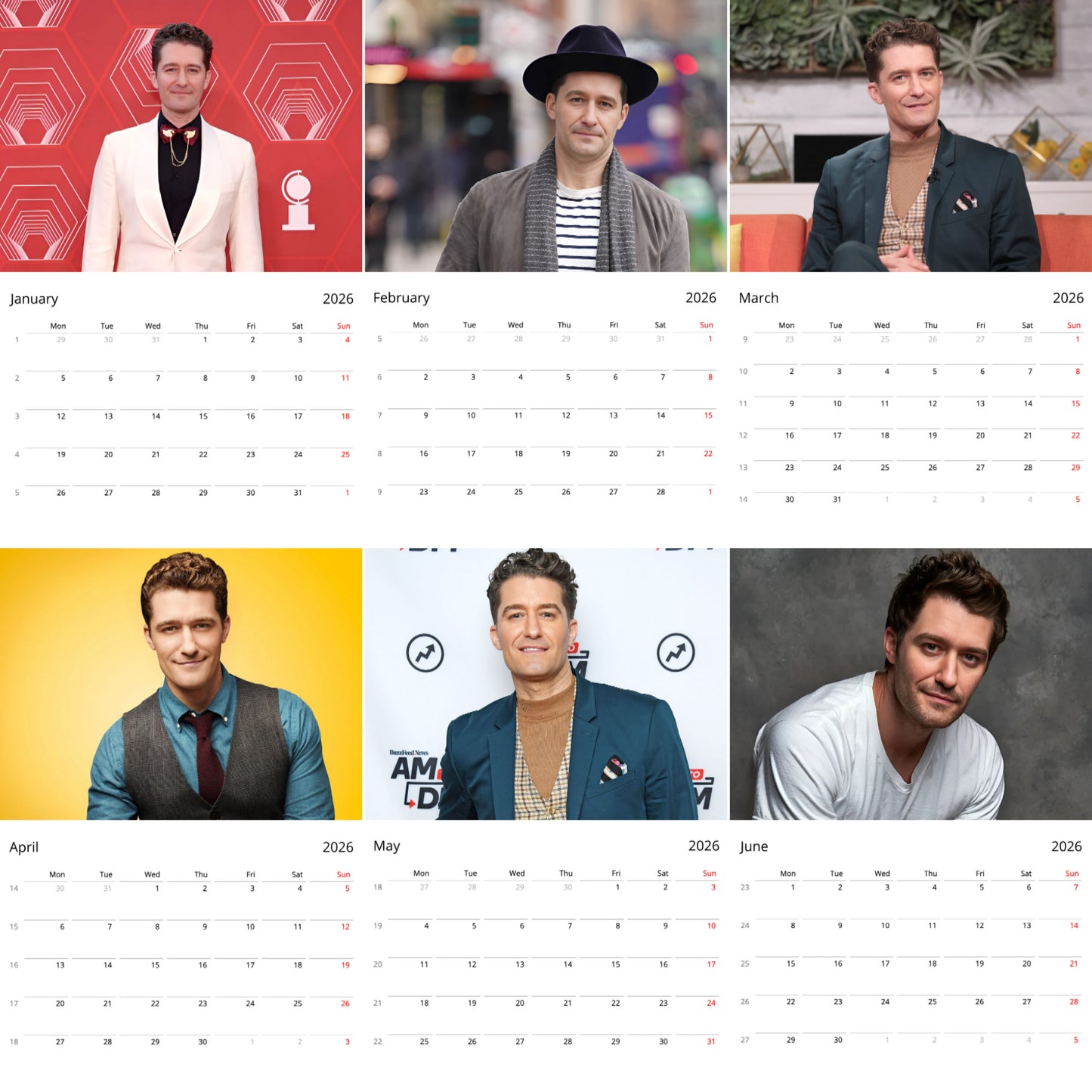 Matthew Morrison 2026 Wall Calendar β Premium Actor Calendar for Fans, Glee Star Gift