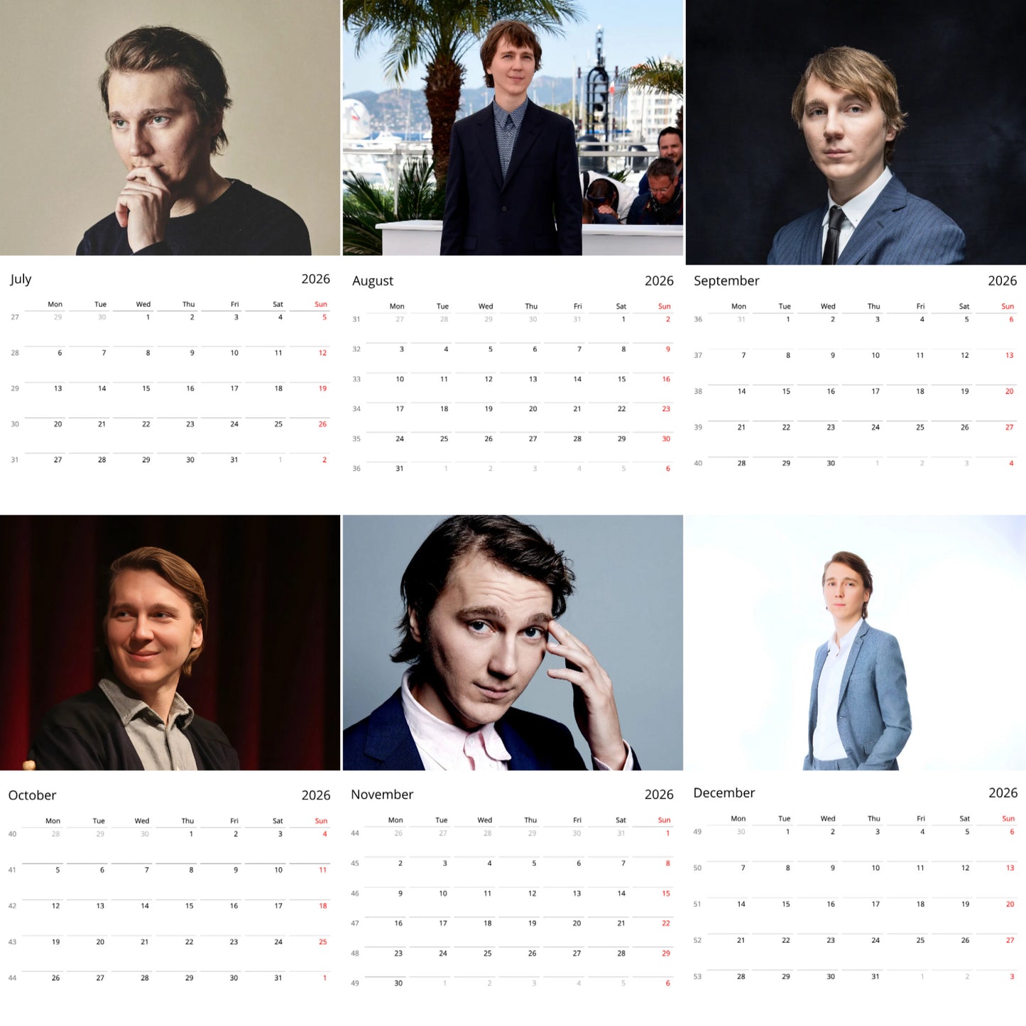 Paul Dano 2026 Wall Calendar β Premium Actor Calendar for Fans, Hollywood Star Collectible Gift