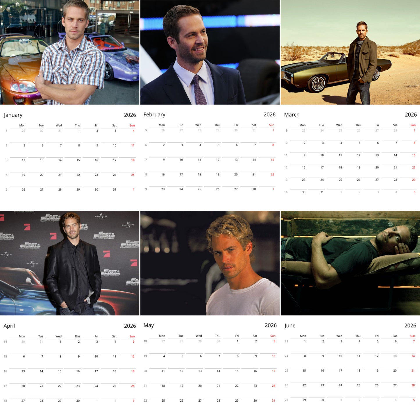 Paul Walker 2026 Wall Calendar ( Large Calendar ) β Tribute Fan Gift, Premium Wall Art Calendar