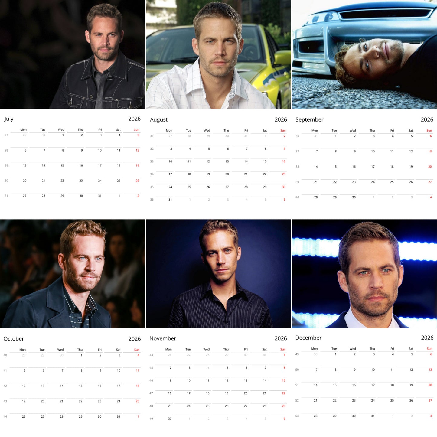 Paul Walker 2026 Wall Calendar ( Large Calendar ) β Tribute Fan Gift, Premium Wall Art Calendar