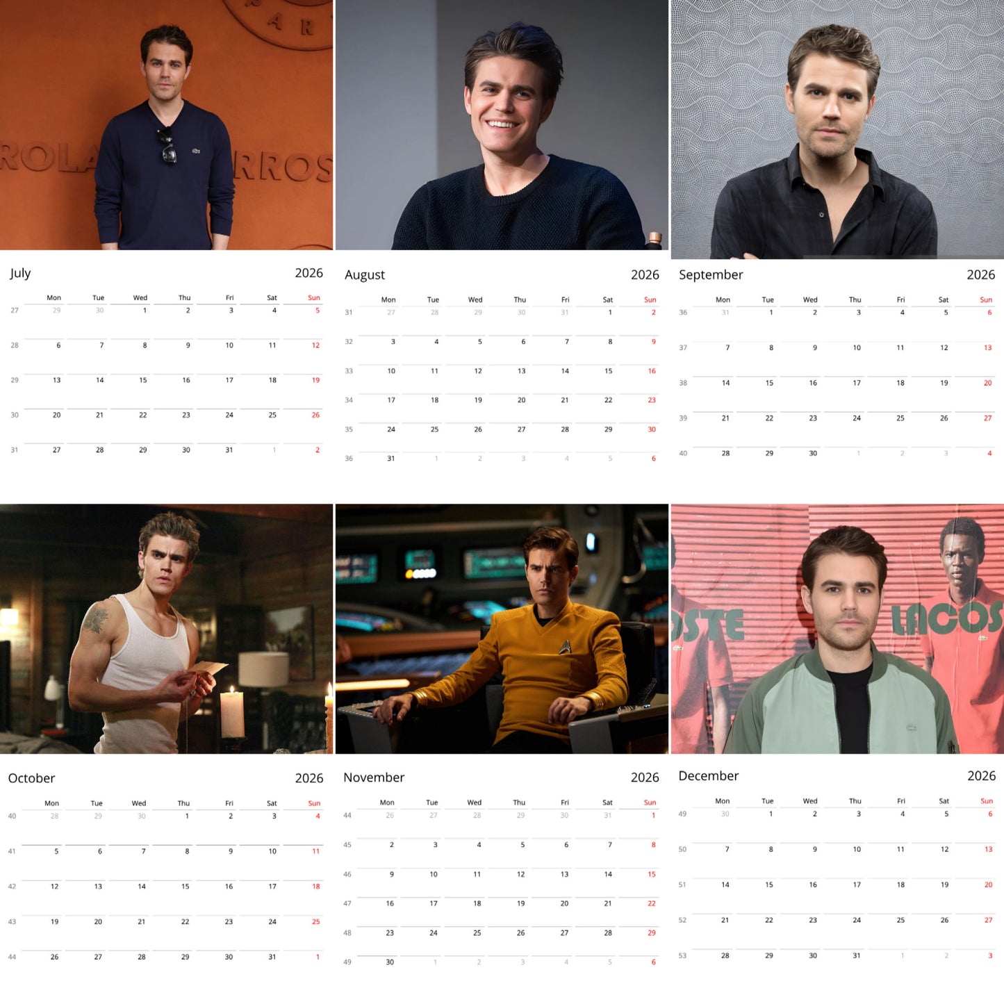 Paul Wesley 2026 Wall Calendar β Premium Actor Calendar for Fans, Hollywood Star Collectible Gift