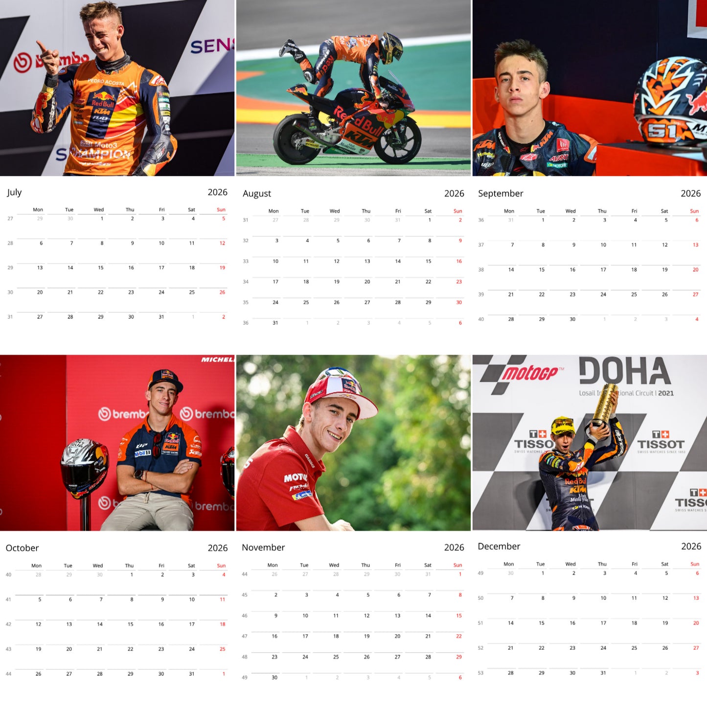 Pedro Acosta 2026 Wall Calendar β MotoGP Racer Tribute Calendar for Fans, Premium Quality Action Prints