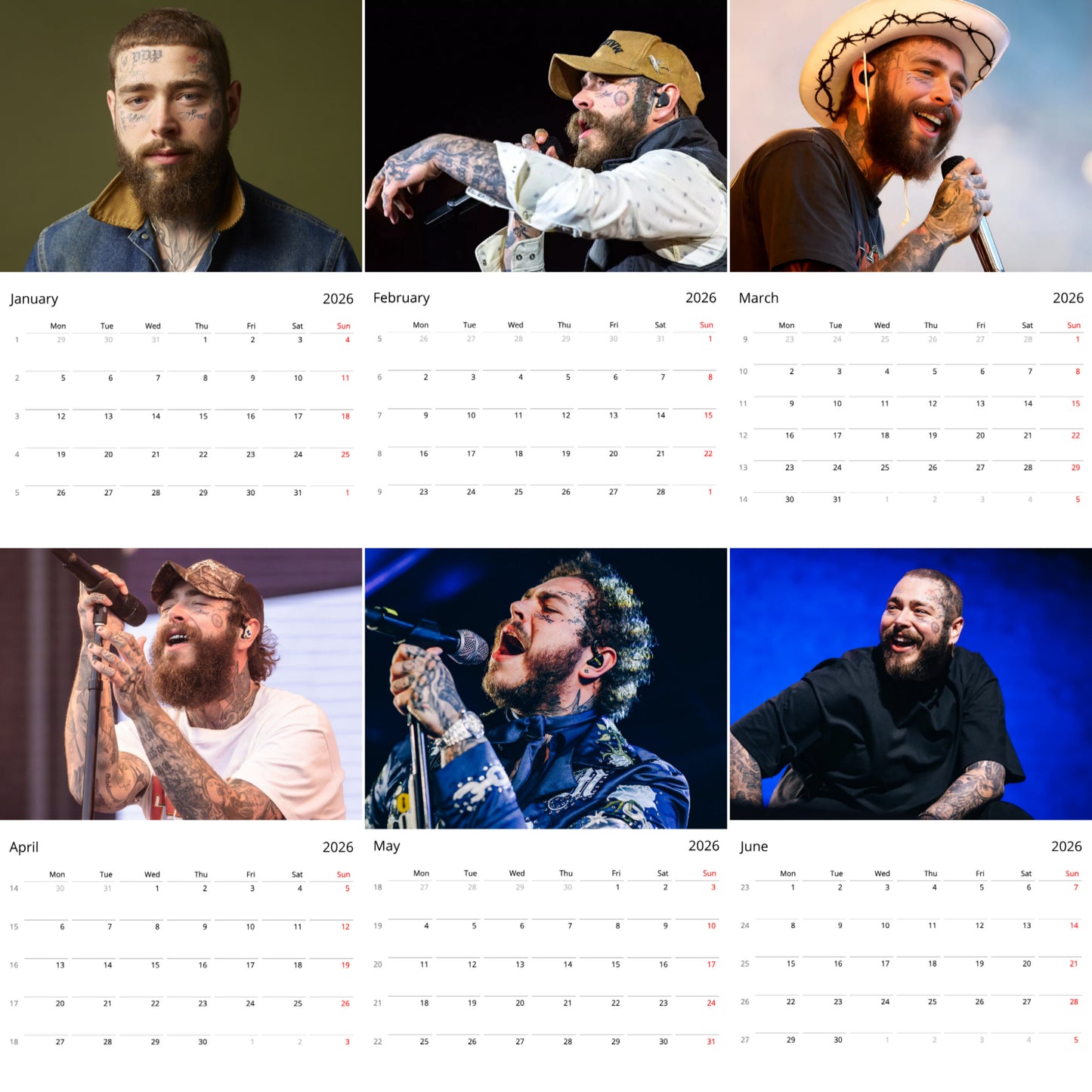 Post Malone 2026 Wall Calendar ( Large Calendar ) – Music Artist Fan Gift, Premium Wall Art Calendar