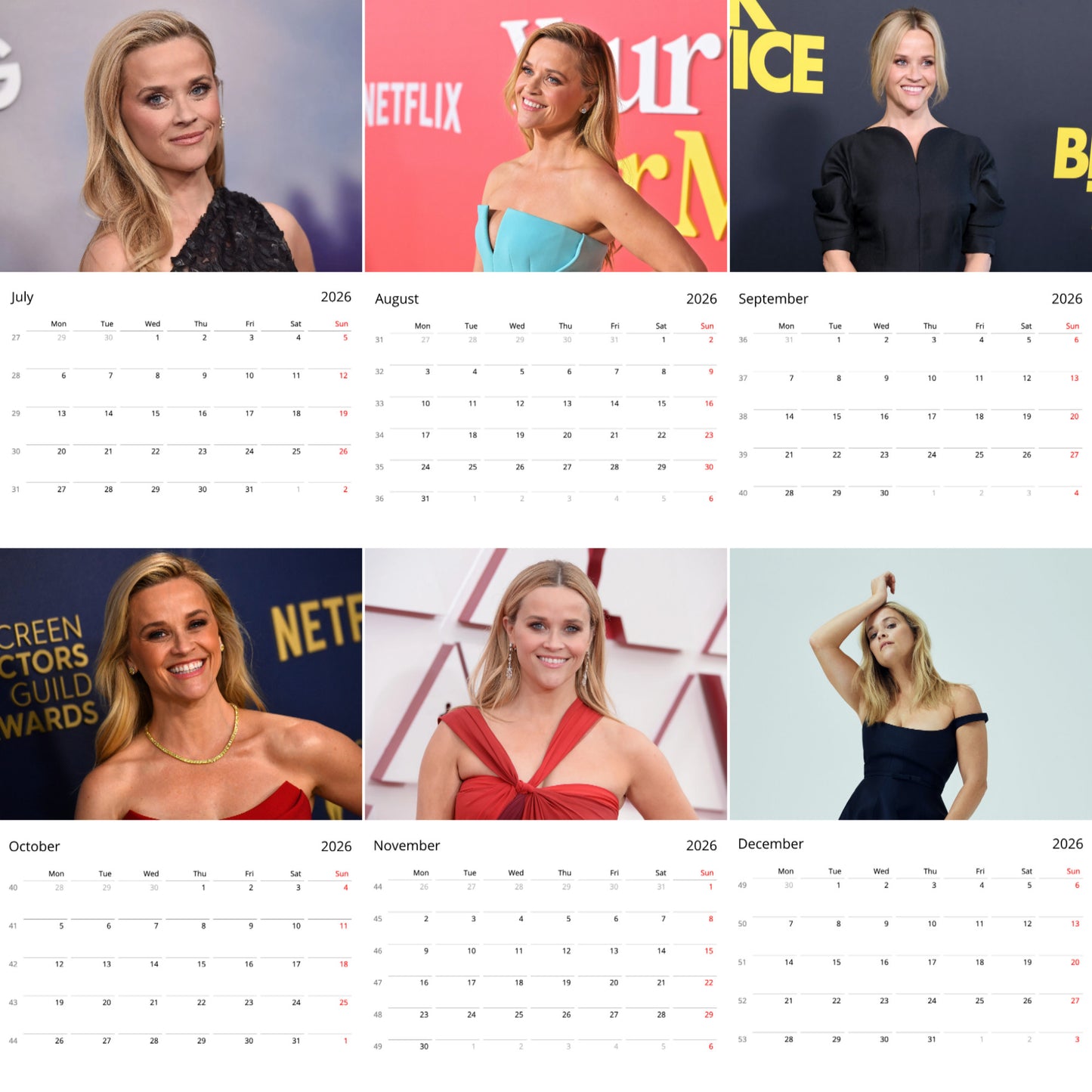 Reese Witherspoon 2026 Wall Calendar ( Large Calendar ) – Hollywood Star & Style Icon Fan Gift