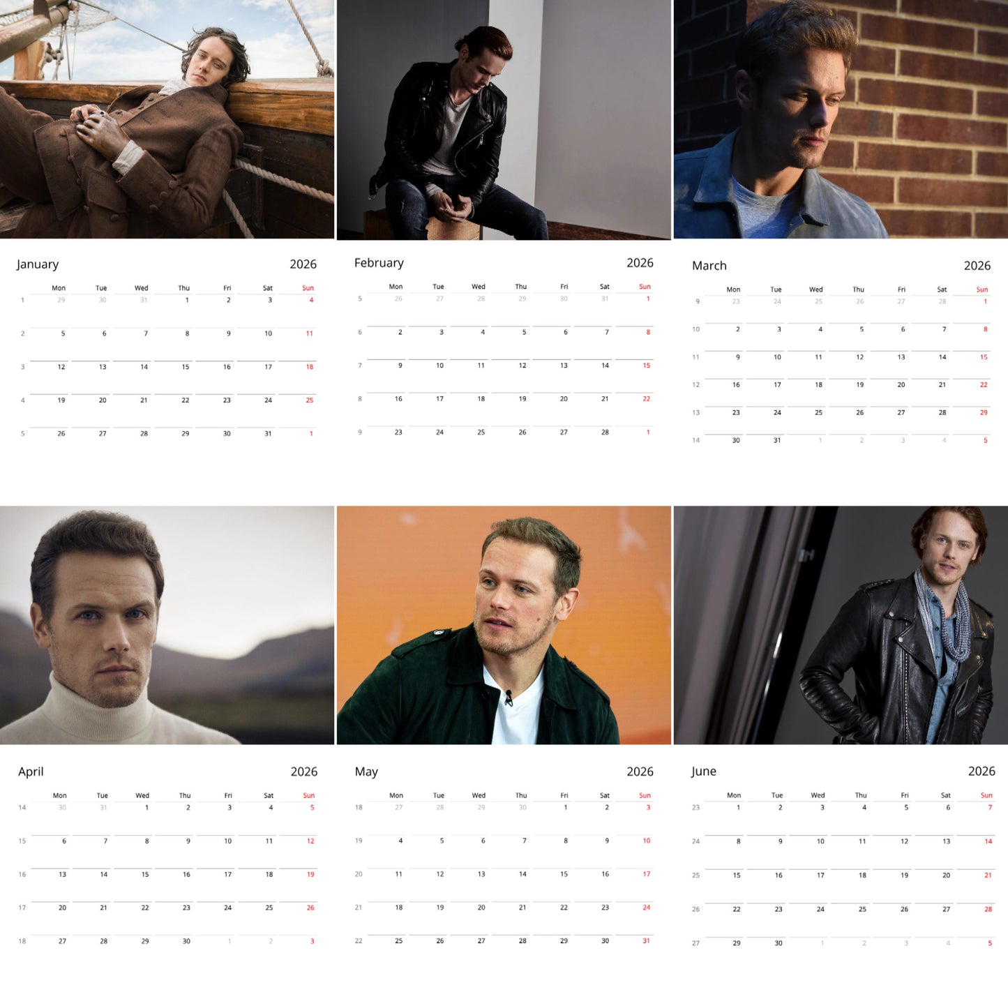 Sam Heughan 2026 Wall Calendar – Handsome Actor Portrait Collection, Premium Gift for Fans