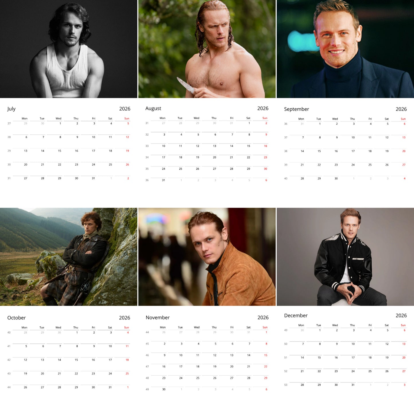 Sam Heughan 2026 Wall Calendar – Handsome Actor Portrait Collection, Premium Gift for Fans