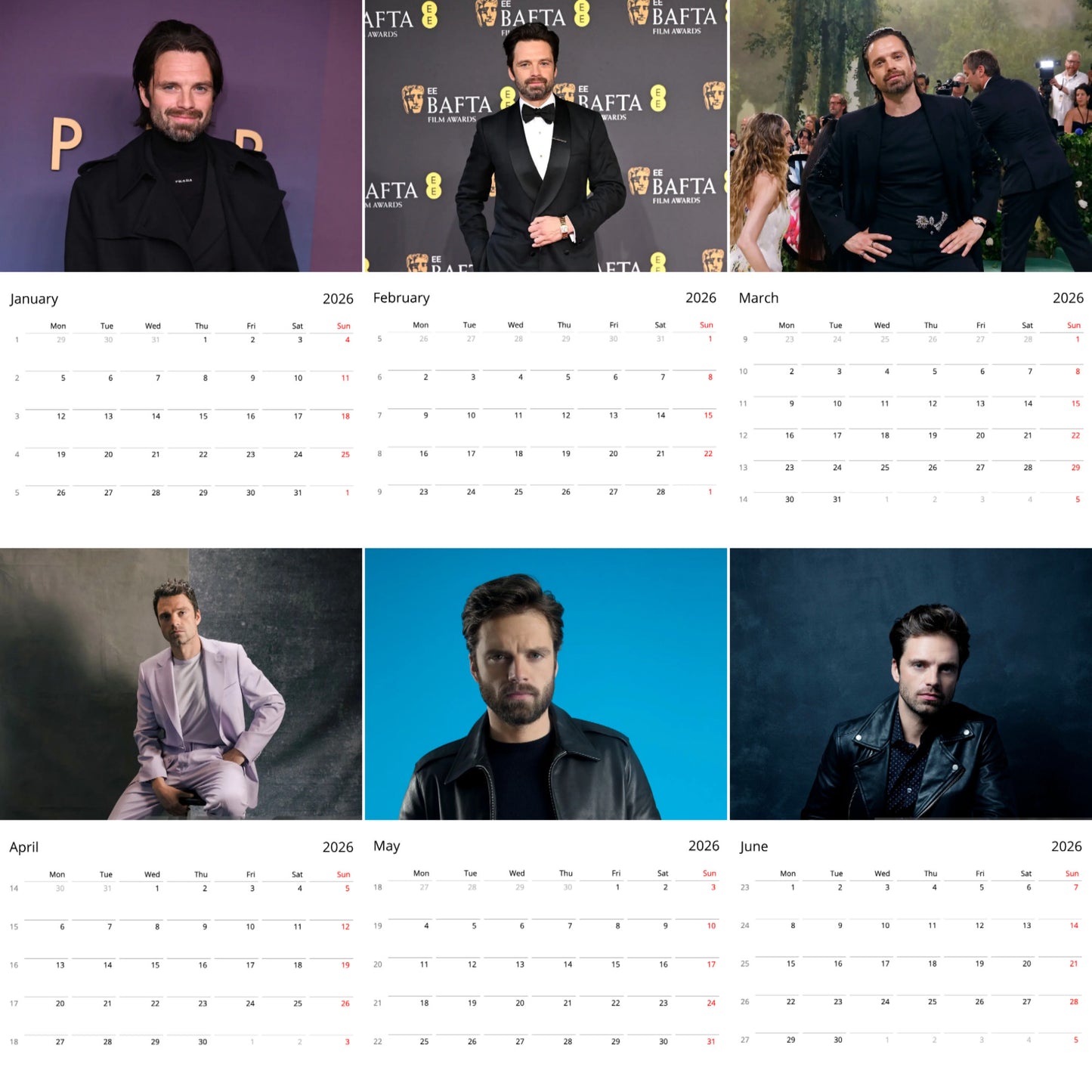 Sebastian Stan 2026 Wall Calendar β Premium Actor Calendar for Fans, Marvel Star Gift