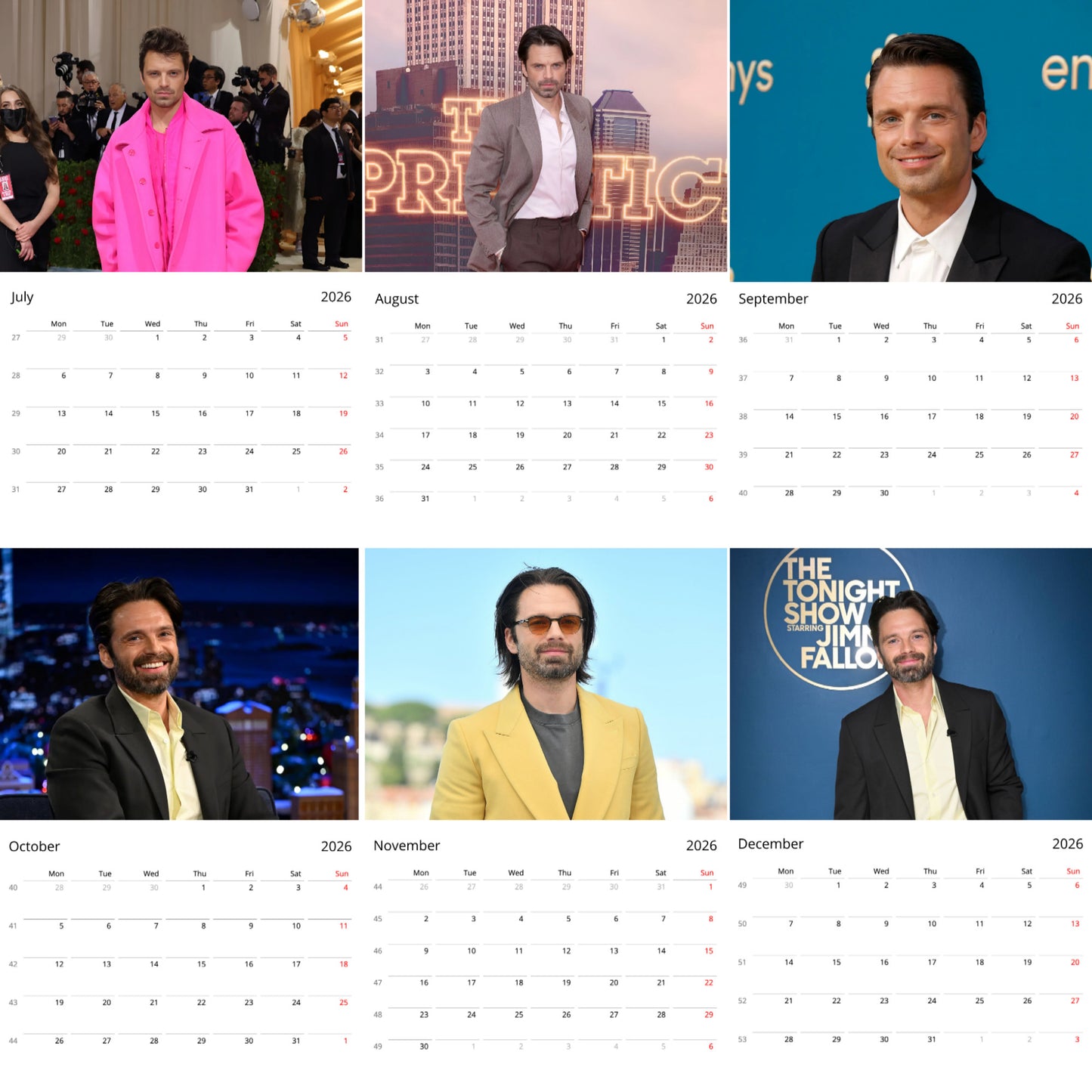 Sebastian Stan 2026 Wall Calendar β Premium Actor Calendar for Fans, Marvel Star Gift