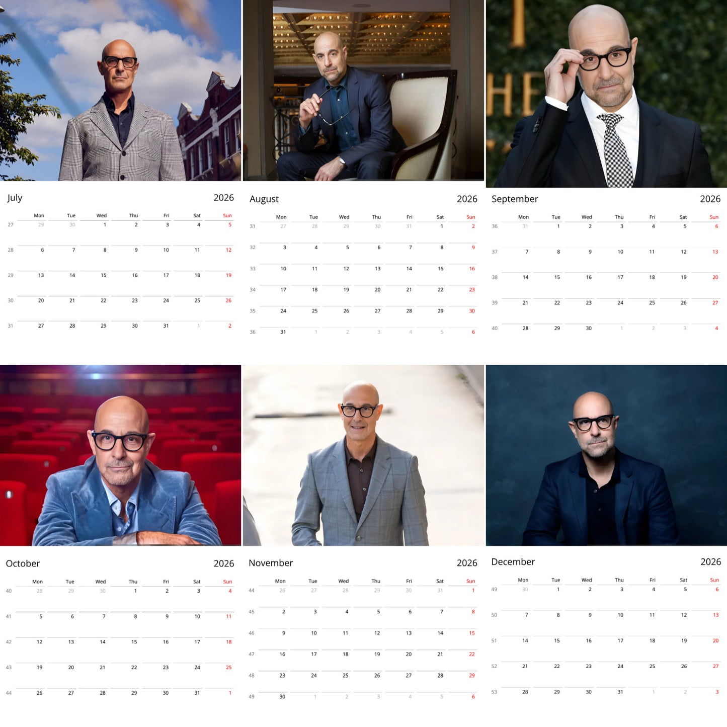 Stanley Tucci 2026 Wall Calendar β Premium Actor Calendar for Fans, Hollywood Icon Gift