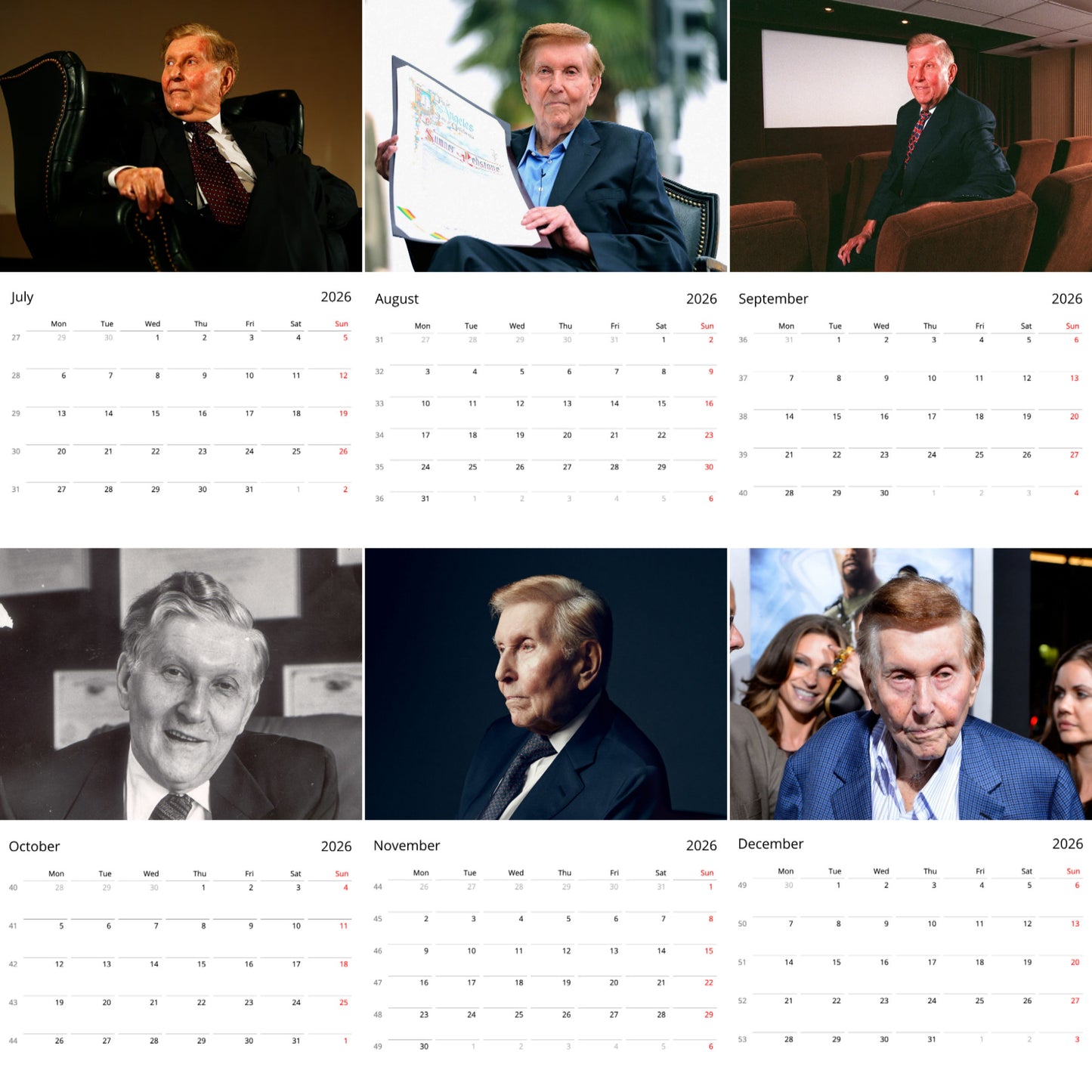 Sumner Redstone 2026 Wall Calendar ( Large Calendar ) – Influential Business Icon Calendar