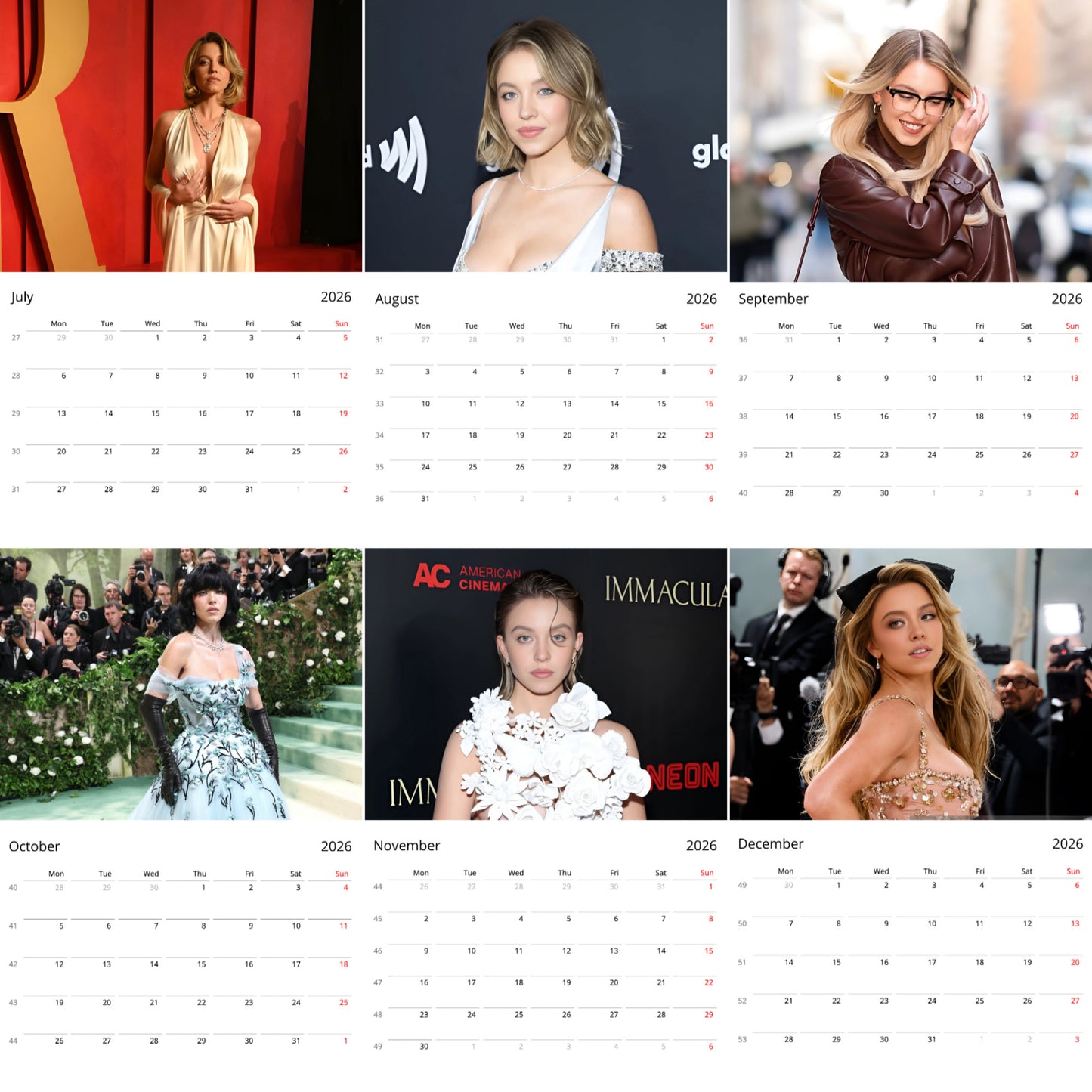 Sydney Sweeney 2026 Wall Calendar β Premium Actress Calendar for Fans, Hollywood Star Gift