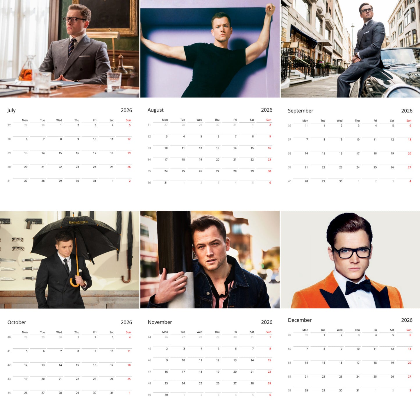 Taron Egerton 2026 Wall Calendar β Premium Actor Calendar for Fans, Hollywood Star Gift