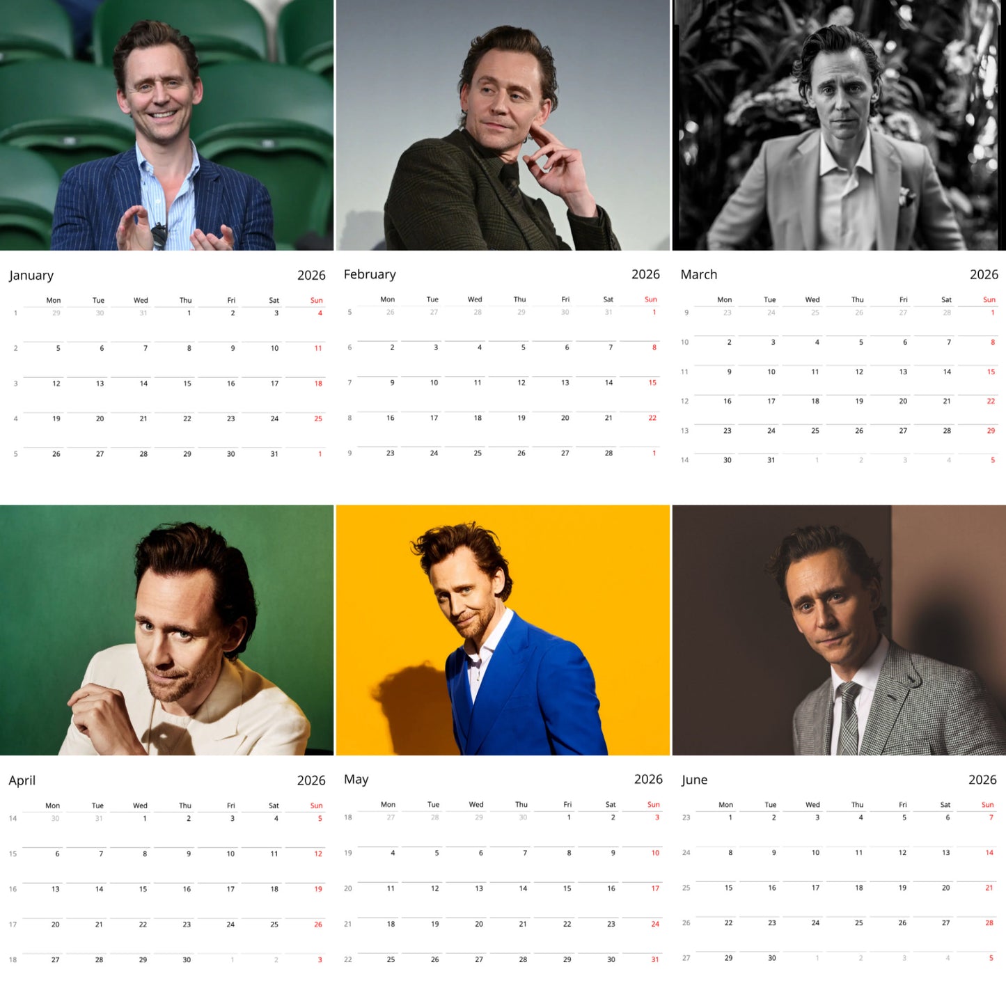 Tom Hiddleston 2026 Wall Calendar β Premium Actor Calendar for Fans, Marvel Star Gift