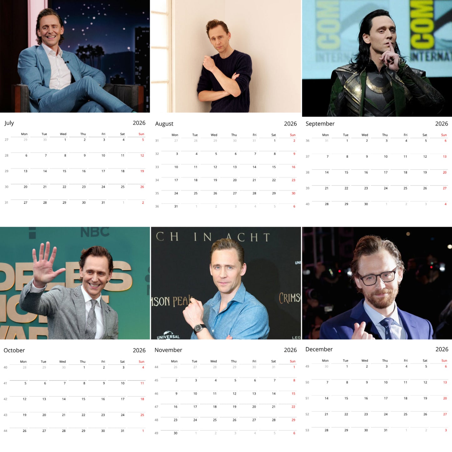 Tom Hiddleston 2026 Wall Calendar β Premium Actor Calendar for Fans, Marvel Star Gift