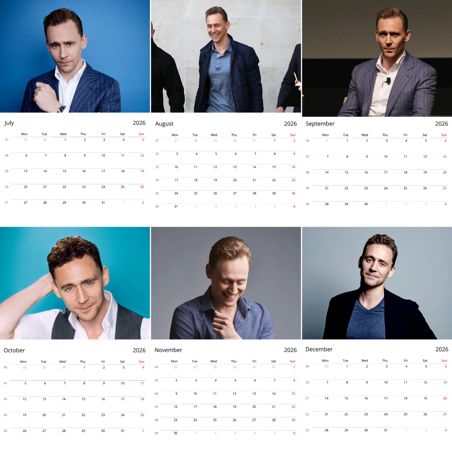 Tom Hiddleston 2026 Wall Calendar β Premium Actor Calendar for Fans, Marvel Star Gift
