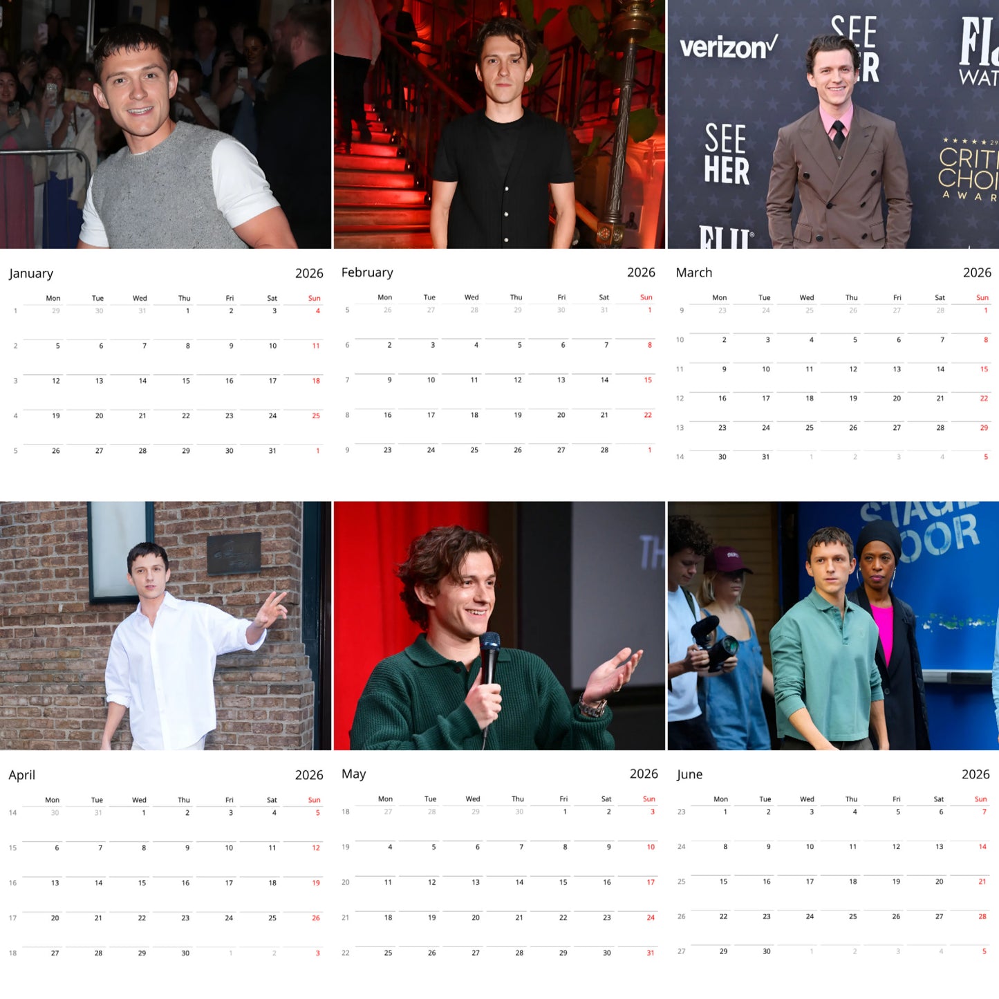 Tom Holland 2026 Wall Calendar Vol. 1 β Premium Actor Calendar for Fans, Marvel Spider-Man Star Gift
