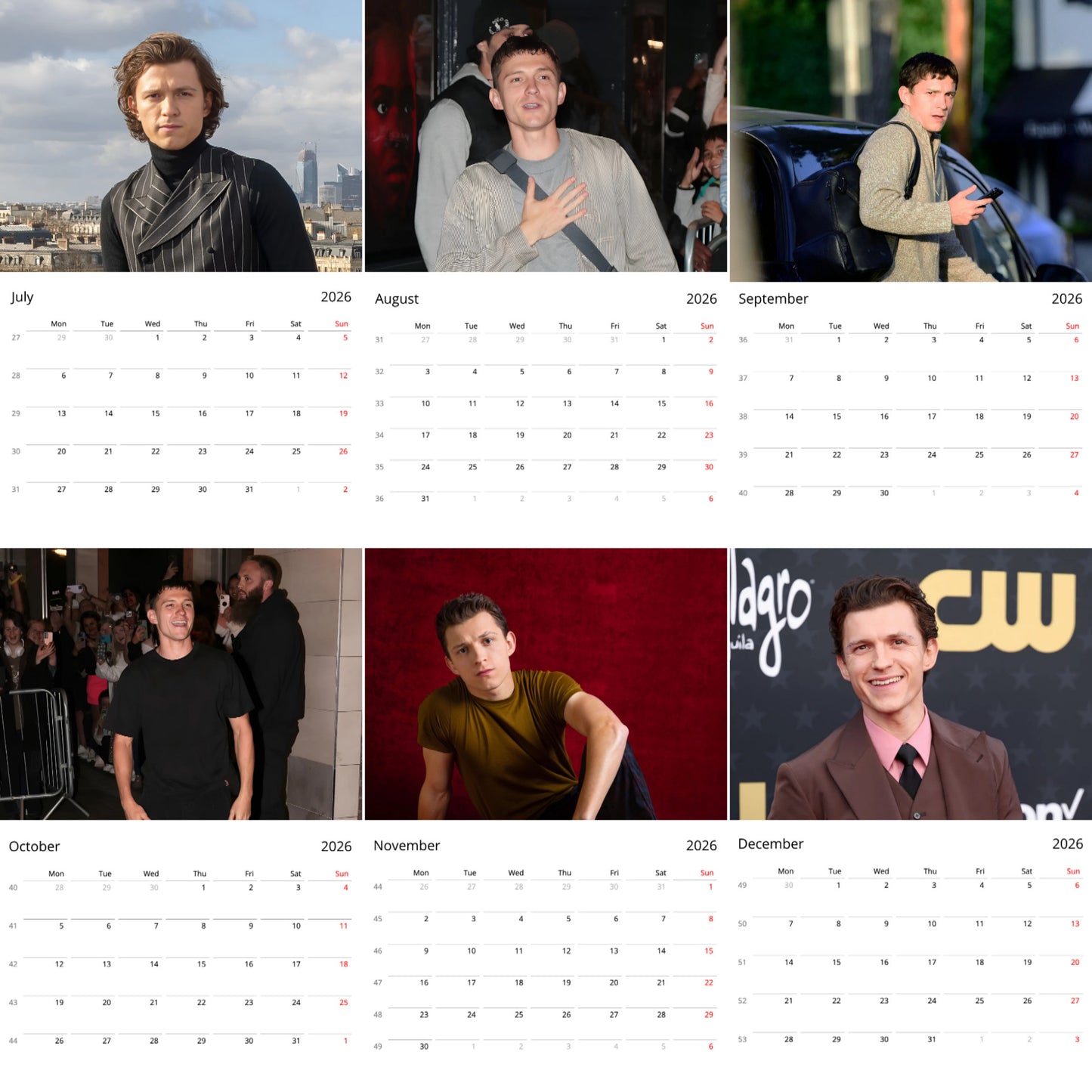 Tom Holland 2026 Wall Calendar Vol. 1 β Premium Actor Calendar for Fans, Marvel Spider-Man Star Gift