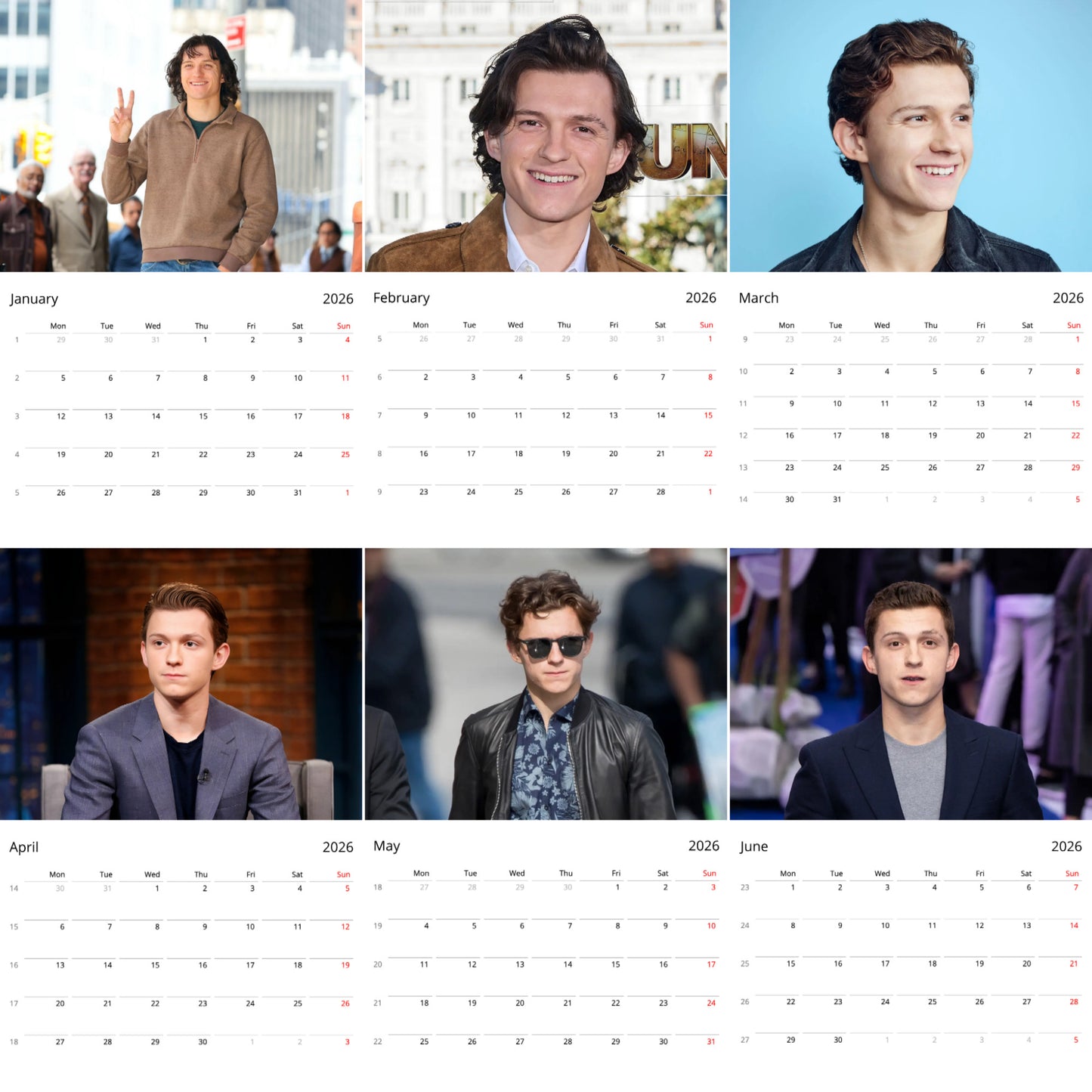 Tom Holland 2026 Wall Calendar Vol. 1 β Premium Actor Calendar for Fans, Marvel Spider-Man Star Gift