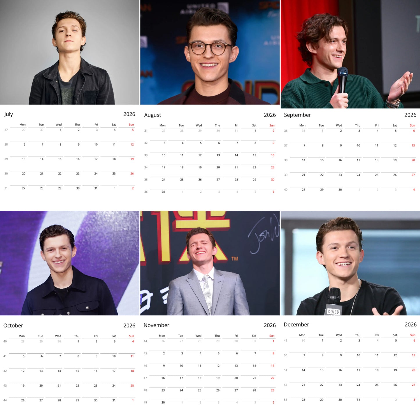 Tom Holland 2026 Wall Calendar Vol. 1 β Premium Actor Calendar for Fans, Marvel Spider-Man Star Gift