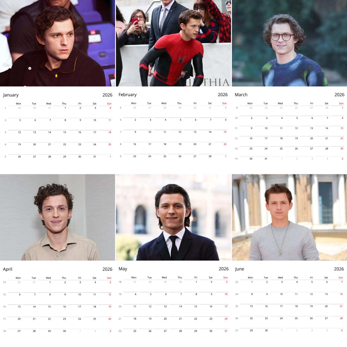 Tom Holland 2026 Wall Calendar Vol. 1 β Premium Actor Calendar for Fans, Marvel Spider-Man Star Gift