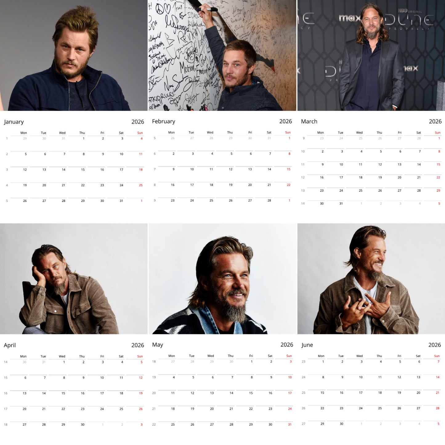Travis Fimmel 2026 Wall Calendar β Premium Actor Calendar for Fans, Vikings Star Gift