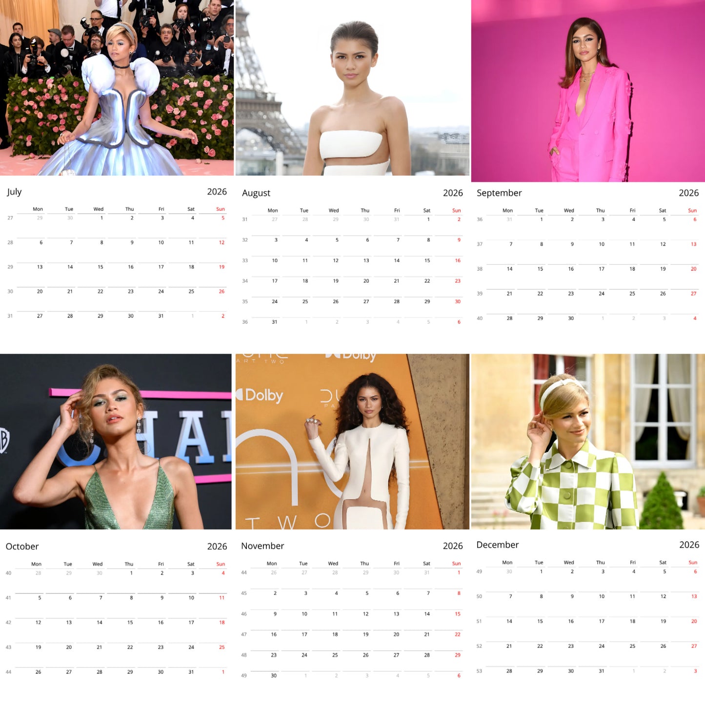 Zendaya 2026 Wall Calendar β Celebrity Fan Poster Calendar, Premium Quality Collectible Gift for Admirers & Fans