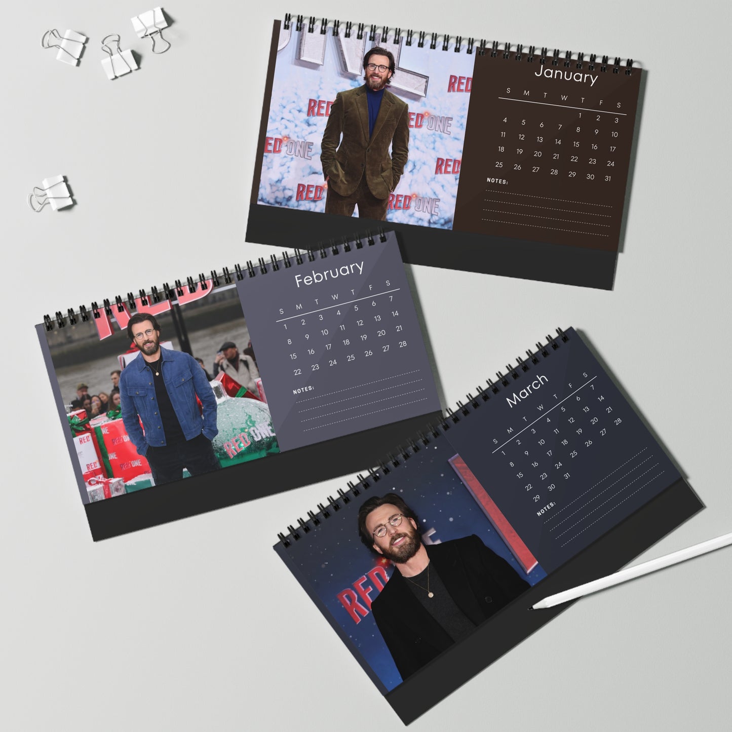 Chris Evans 2026 Desk Calendar | Premium Spiral Bound Celebrity Photo Calendar | Collectible Fan Gift | Stylish Desk & Office Décor