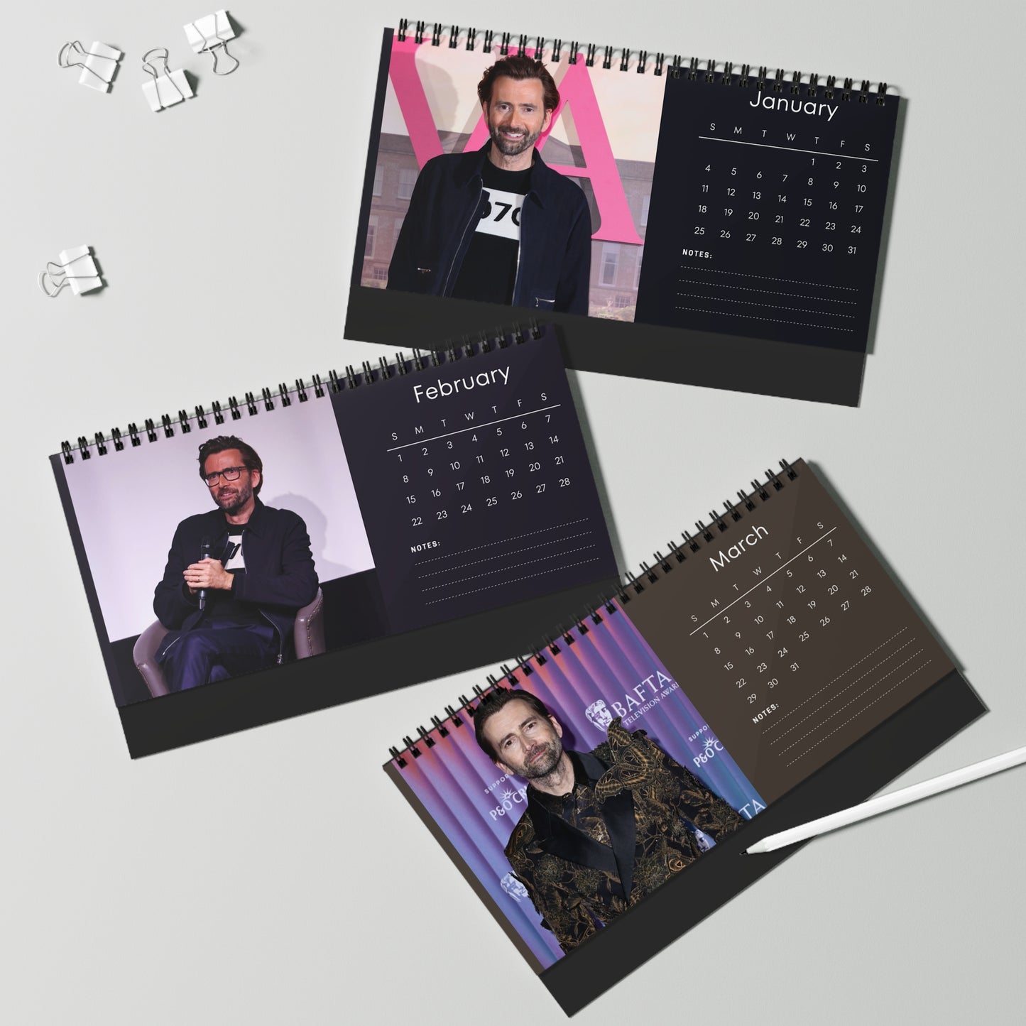 David Tennant 2026 Desk Calendar | Celebrity Spiral Bound Photo Calendar | Fan Collectible Gift | Stylish Desk & Office Décor
