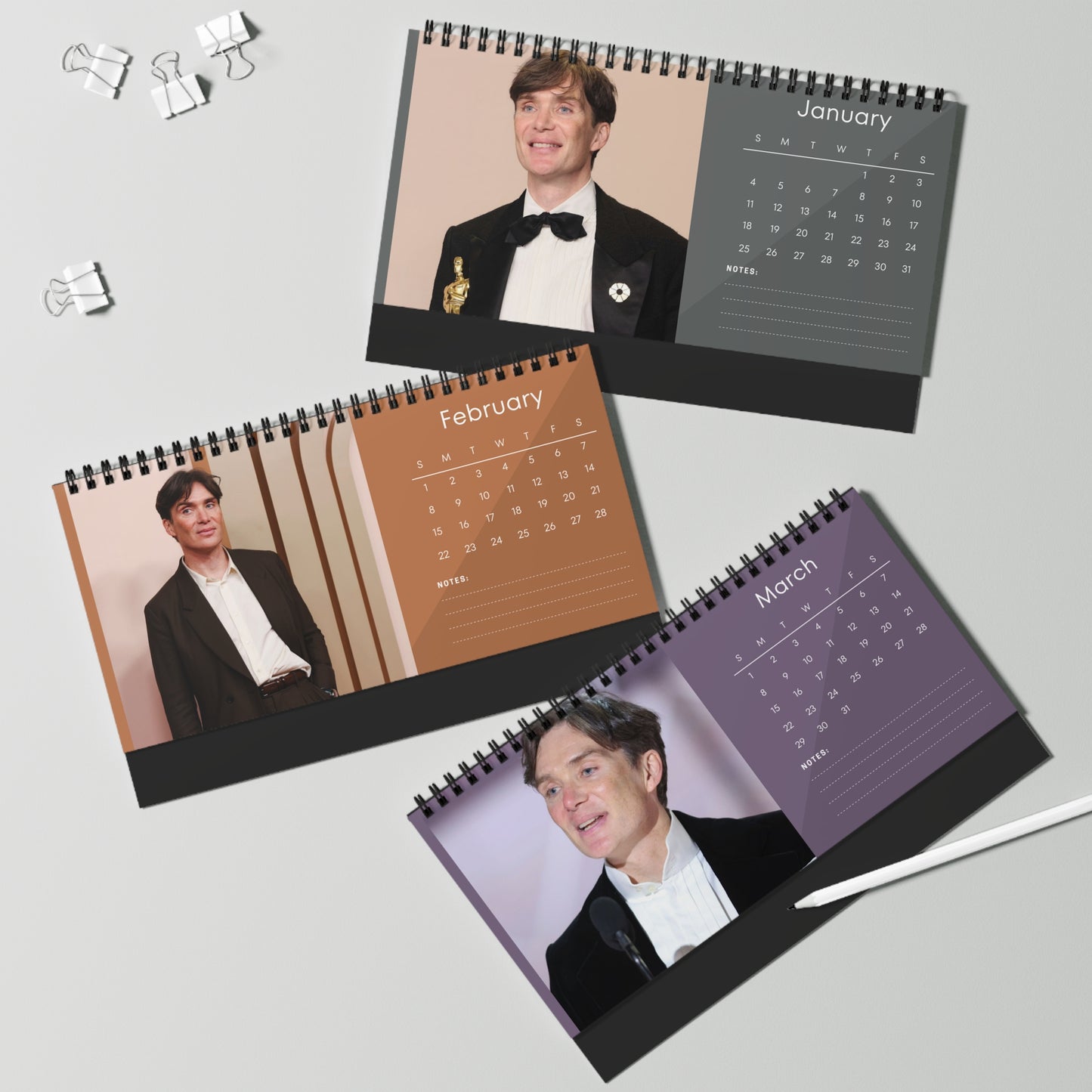 Cillian Murphy 2026 Desk Calendar | Premium Spiral Bound Celebrity Photo Calendar | High-Quality Fan Gift & Desk Décor