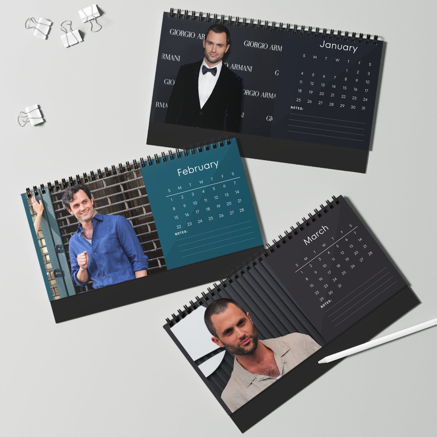 Penn Badgley 2026 Desk Calendar | Premium Spiral Bound Celebrity Photo Calendar | Fan Gift & Stylish Desk Decor