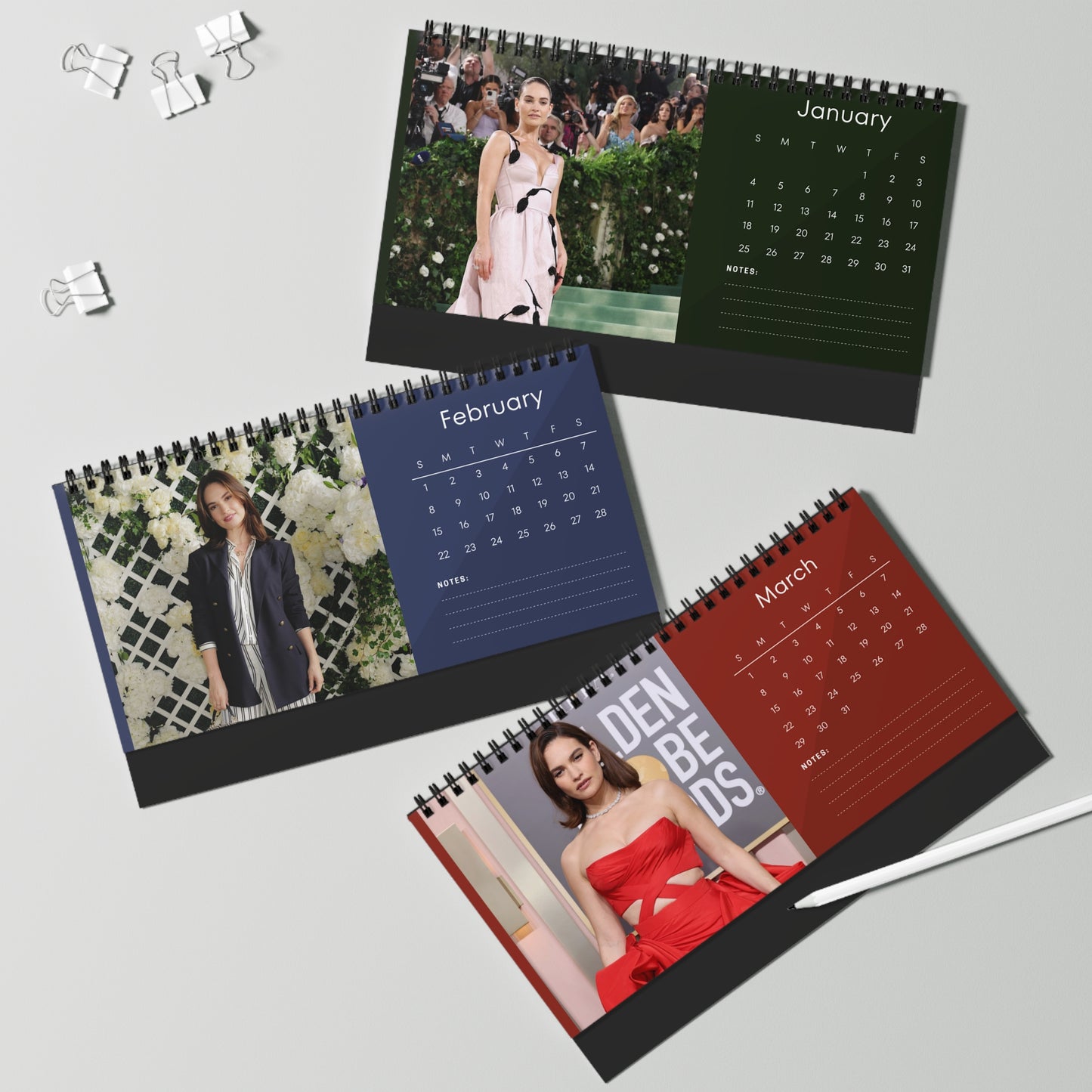 Lily James 2026 Desk Calendar | Premium Spiral Bound Celebrity Photo Calendar | High-Quality Fan Gift & Desk Décor