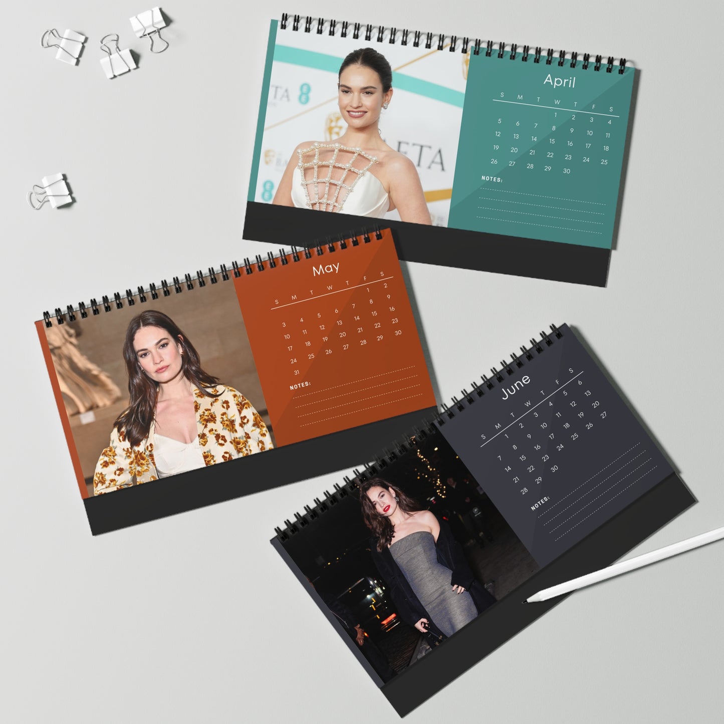 Lily James 2026 Desk Calendar | Premium Spiral Bound Celebrity Photo Calendar | High-Quality Fan Gift & Desk Décor