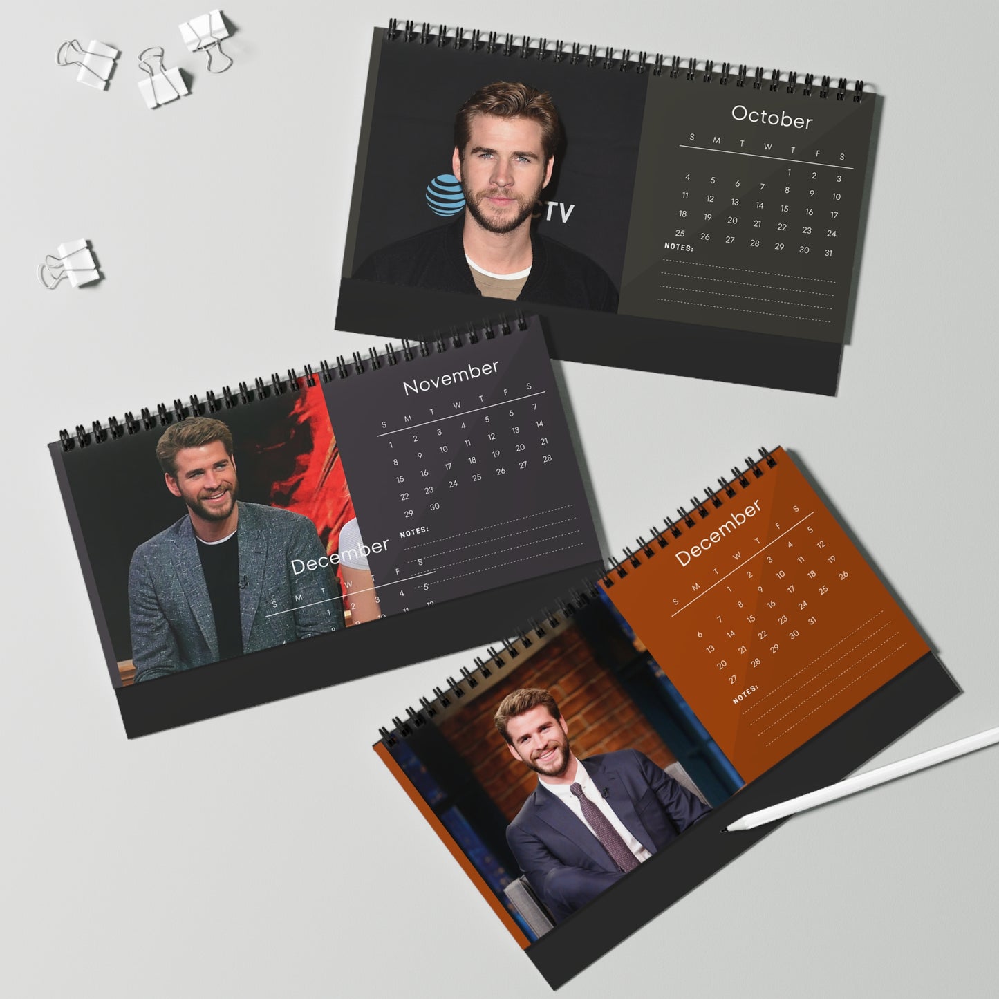 Liam Hemsworth 2026 Desk Calendar | Premium Spiral Bound Celebrity Photo Calendar | High-Quality Fan Gift & Desk Décor