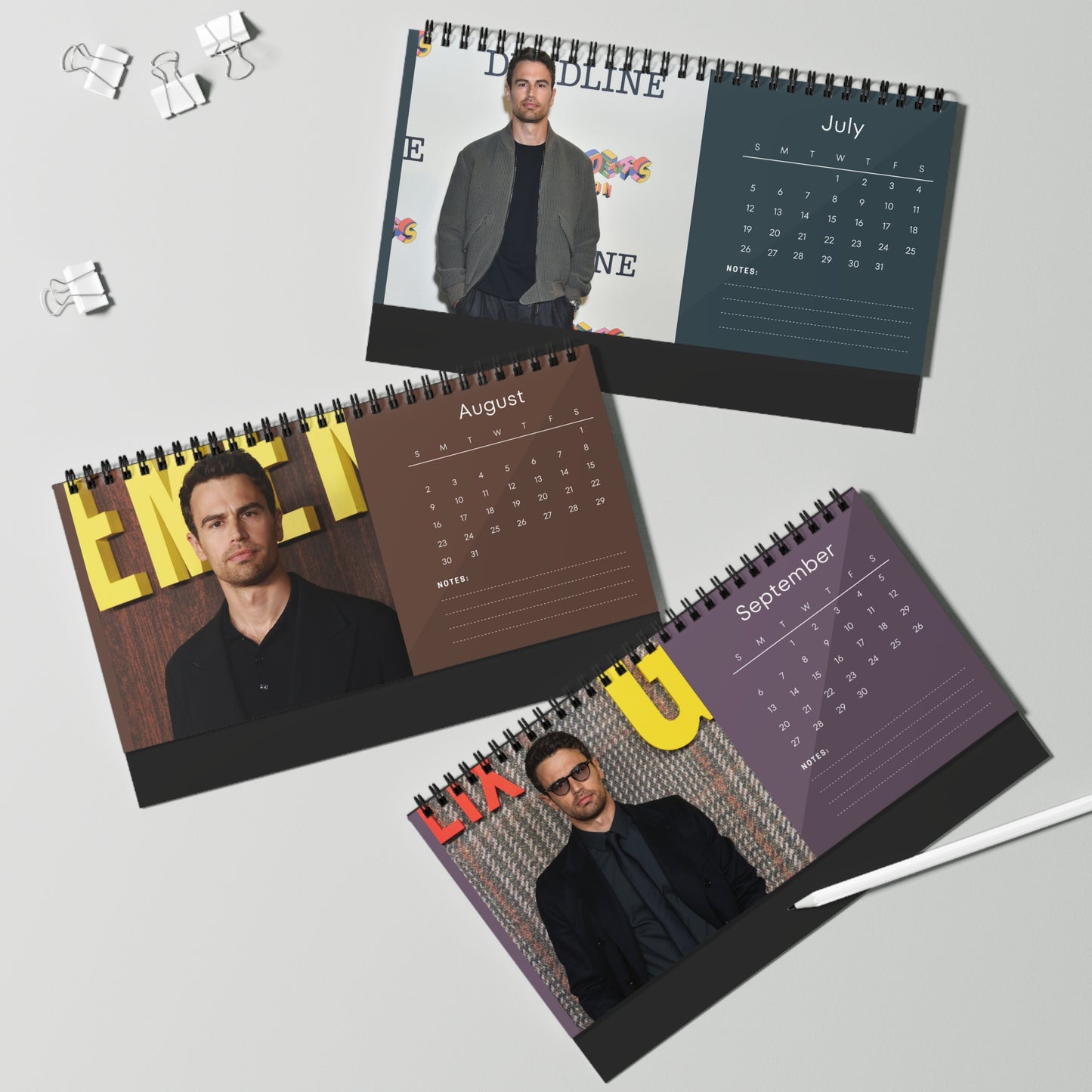 Theo James 2026 Desk Calendar | Premium Spiral Bound Celebrity Photo Calendar | High-Quality Fan Gift & Desk Décor