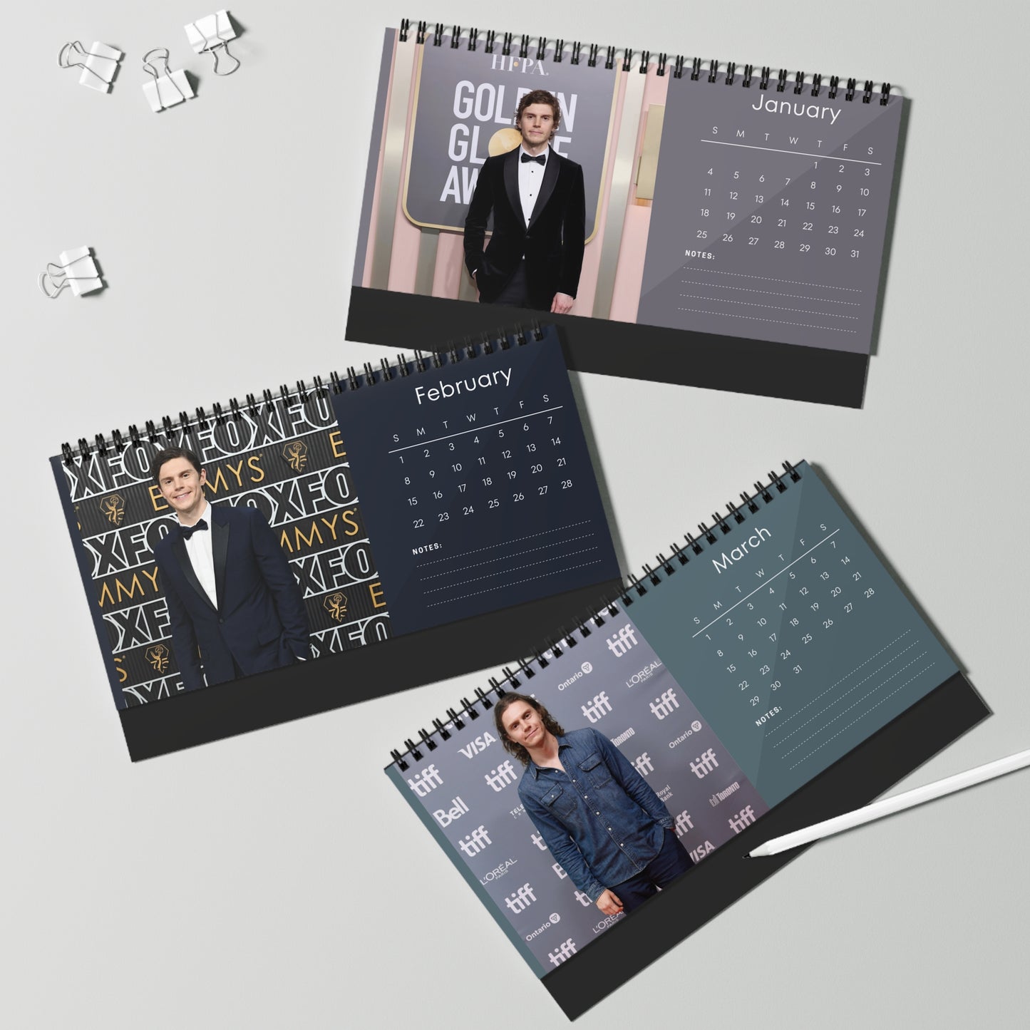 Evan Peters 2026 Desk Calendar | Premium Spiral Bound Celebrity Photo Calendar | High-Quality Fan Gift & Desk Décor