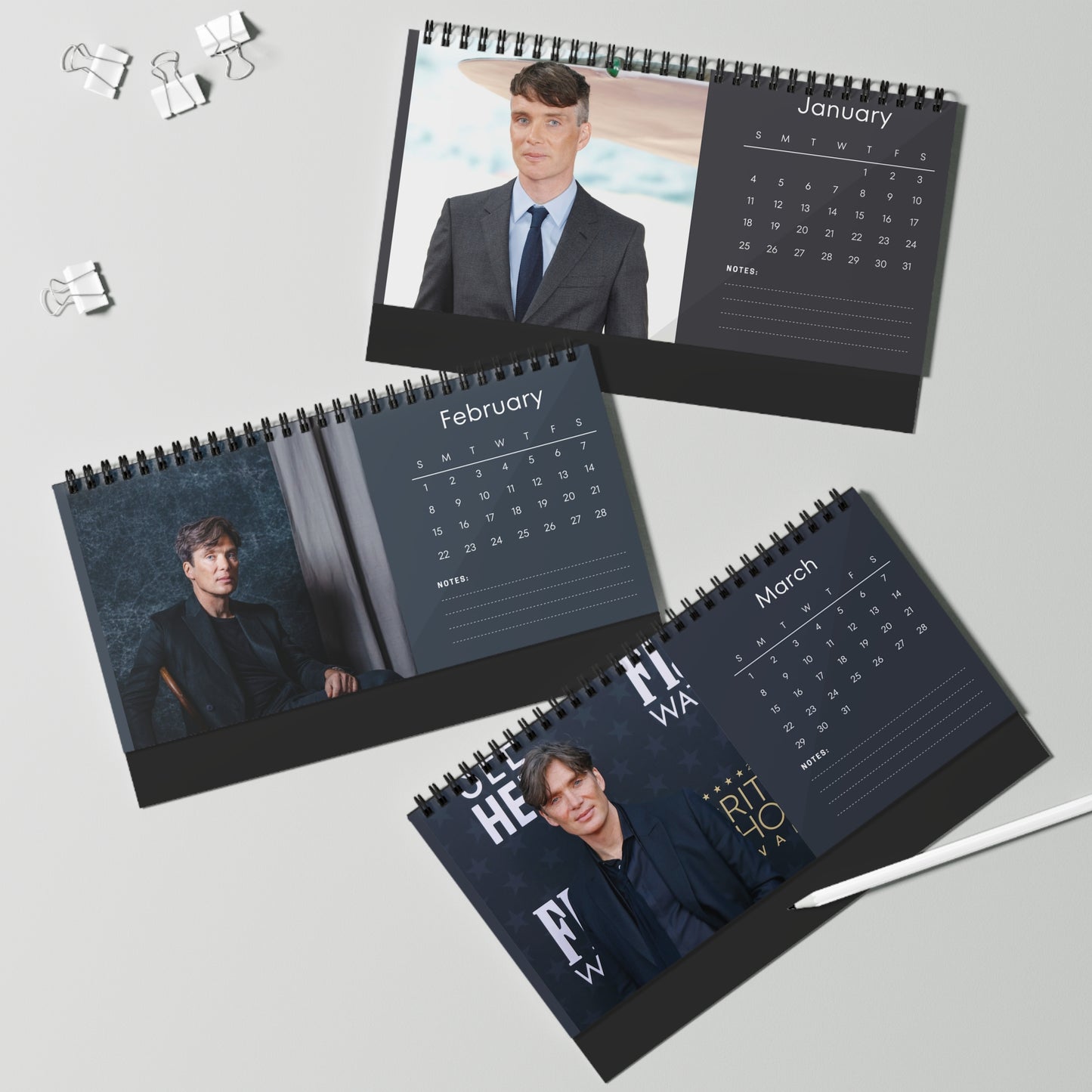 Cillian Murphy 2026 Desk Calendar | Premium Spiral Bound Celebrity Photo Calendar | Collectible Fan Gift | Stylish Desk & Office Décor