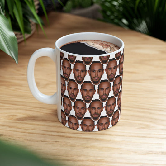 Lewis Hamilton Face Pattern Ceramic Mug | Unique Gift for Lewis Hamilton Fans