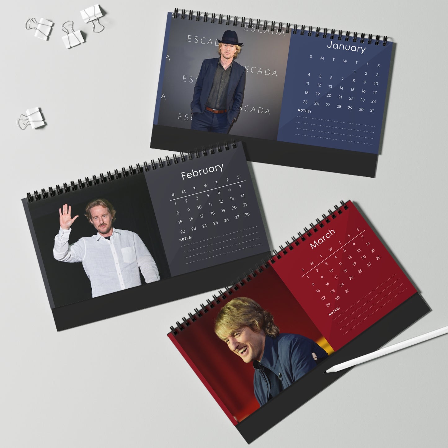 Owen Wilson 2026 Desk Calendar | Premium Spiral Bound Celebrity Photo Calendar | High-Quality Fan Gift & Desk Décor