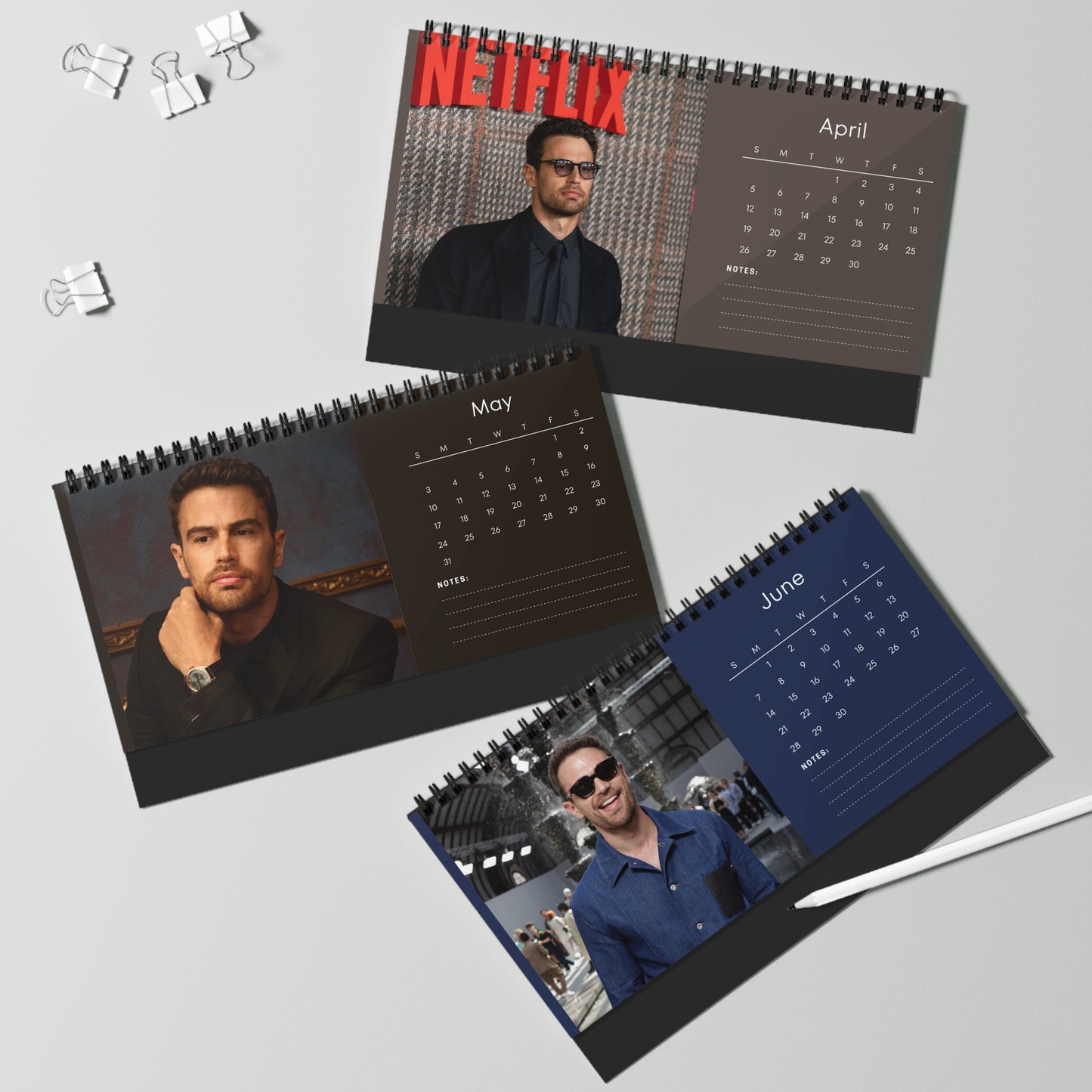 Theo James 2026 Desk Calendar | Premium Spiral Bound Celebrity Photo Calendar | Collectible Fan Gift | Stylish Desk & Office Décor