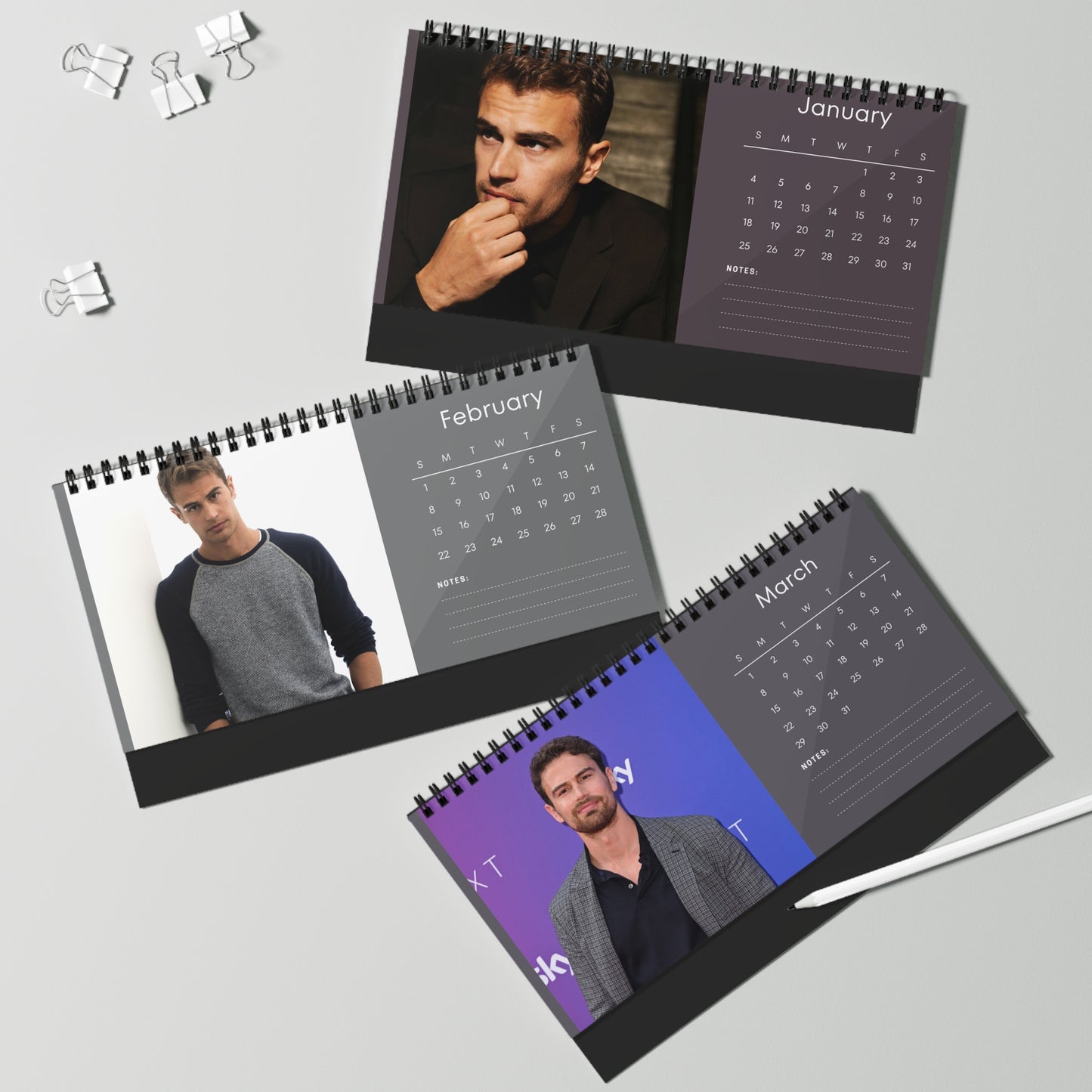 Theo James 2026 Desk Calendar | Premium Spiral Bound Celebrity Photo Calendar | Collectible Fan Gift | Stylish Desk & Office Décor