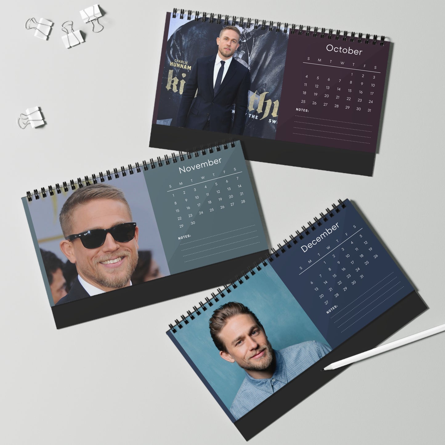 Charlie Hunnam 2026 Desk Calendar | Premium Spiral Bound Celebrity Photo Calendar | High-Quality Fan Gift & Desk Décor