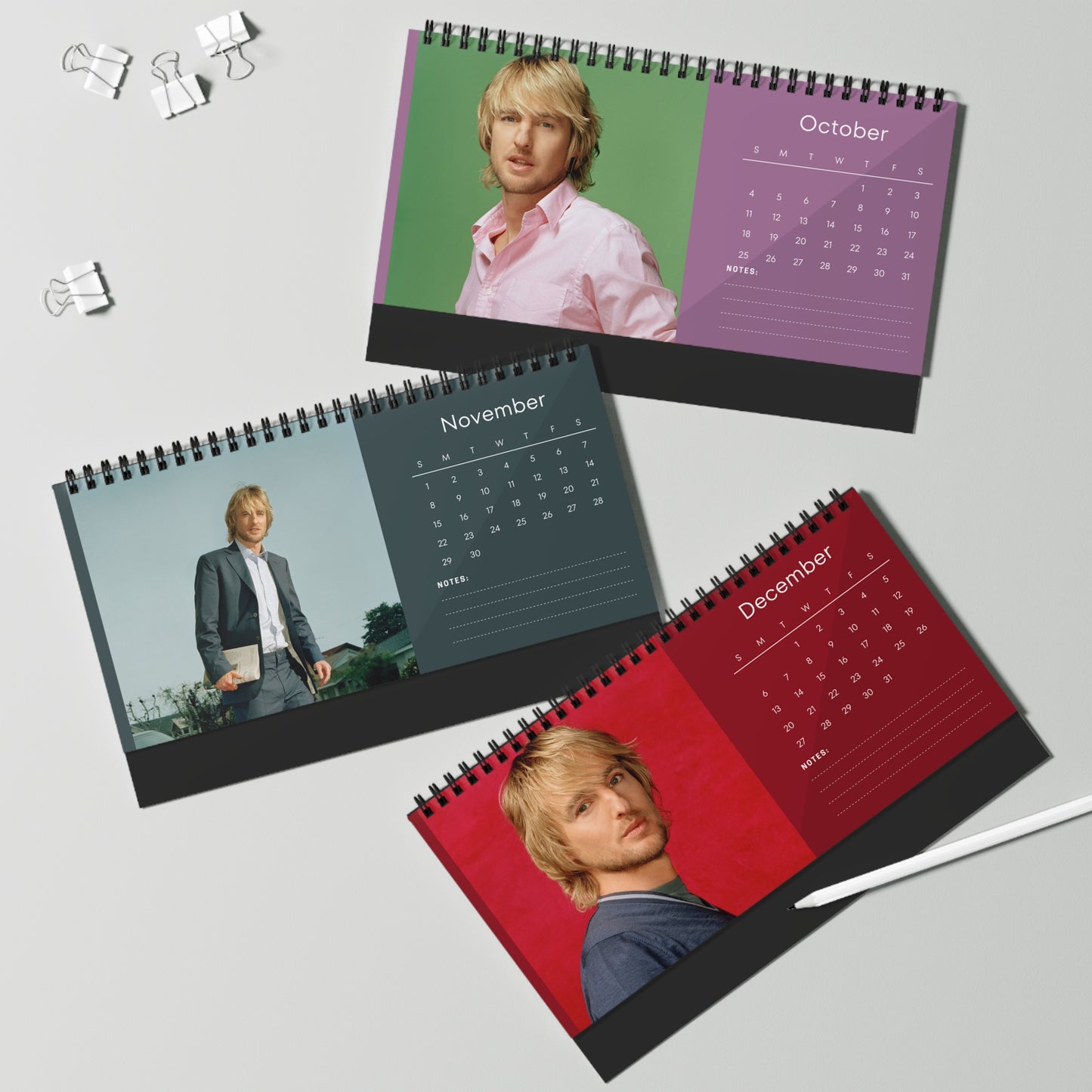 Owen Wilson 2026 Desk Calendar | Premium Spiral Bound Celebrity Photo Calendar | High-Quality Fan Gift & Desk Décor