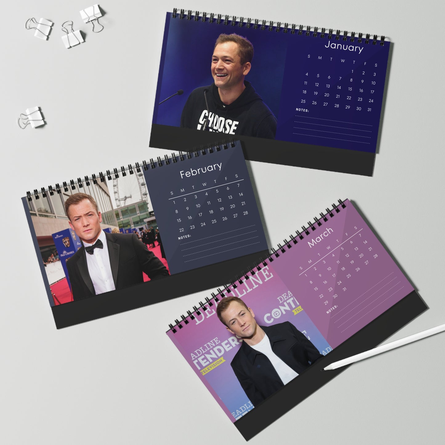 Taron Egerton 2026 Desk Calendar | Premium Spiral Bound Celebrity Photo Calendar | High-Quality Fan Gift & Desk Décor