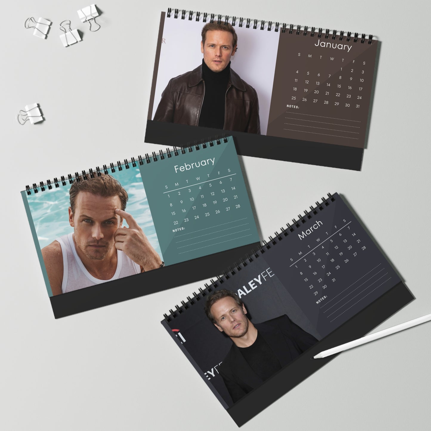 Sam Heughan 2026 Desk Calendar | Premium Spiral Bound Celebrity Photo Calendar | High-Quality Fan Gift & Desk Décor