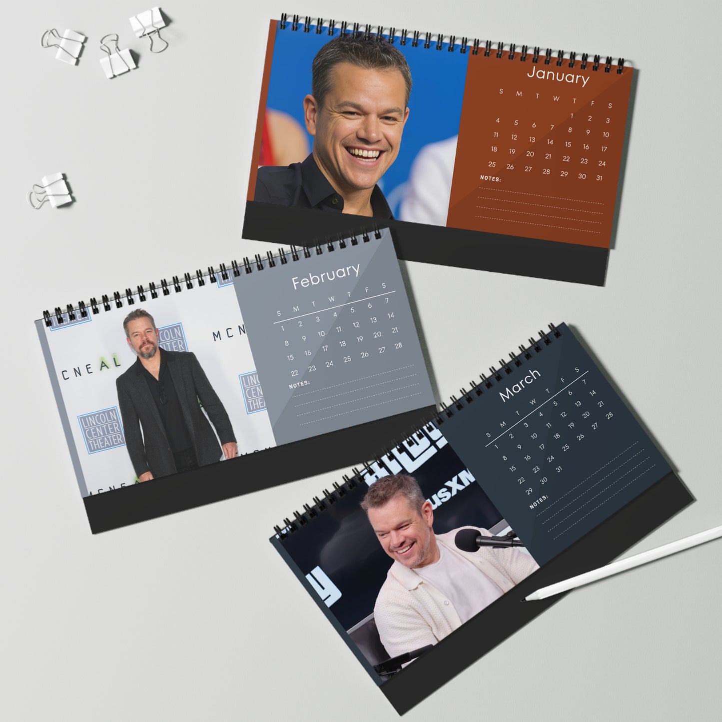 Matt Damon 2026 Desk Calendar | Premium Spiral Bound Celebrity Photo Calendar | Stylish Collectible Gift for Fans & Desk Décor