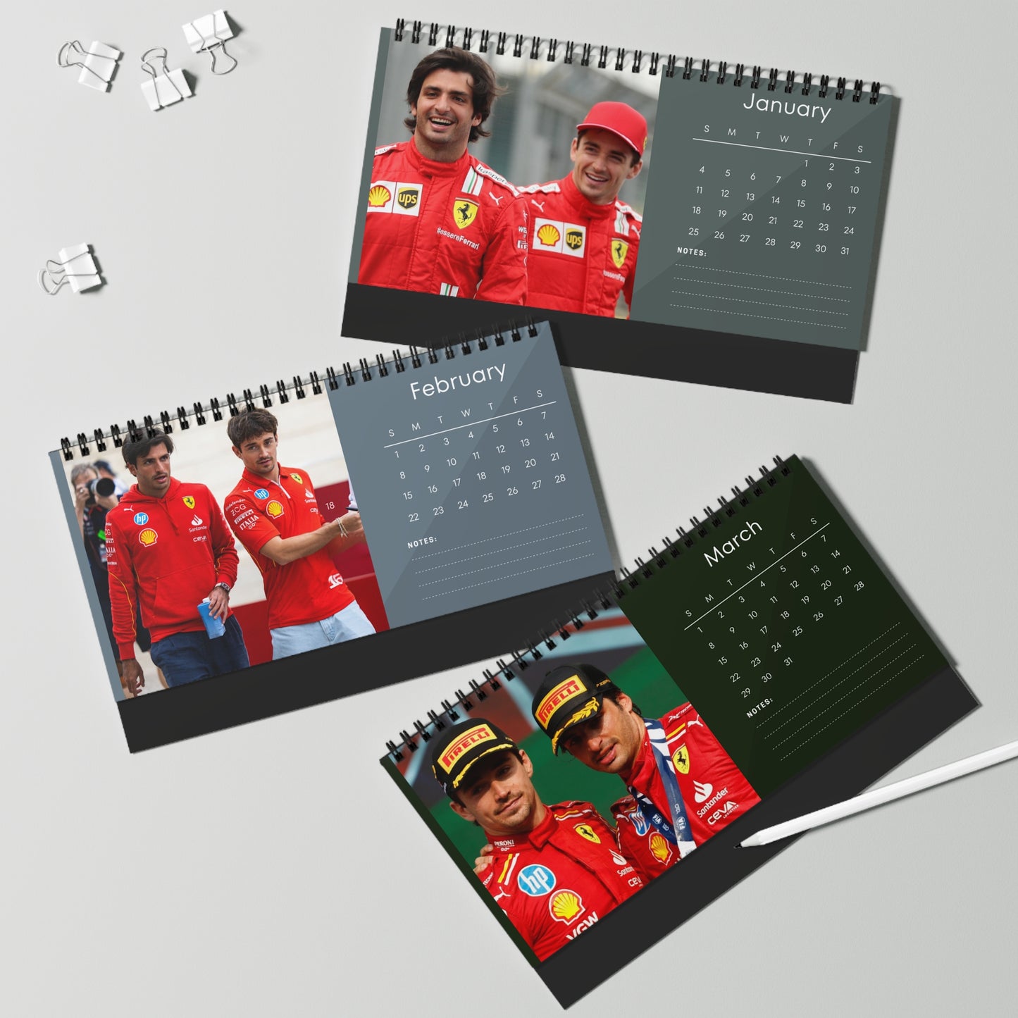 Charles Leclerc & Carlos Sainz 2026 Desk Calendar |Premium Spiral Bound F1 Celebrity Photo Calendar | Ferrari Drivers Fan Gift