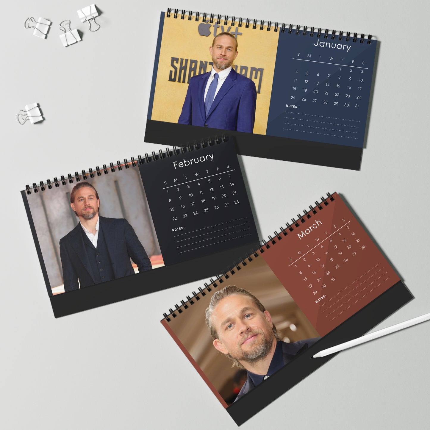 Charlie Hunnam 2026 Desk Calendar | Premium Spiral Bound Celebrity Photo Calendar | High-Quality Fan Gift & Desk Décor