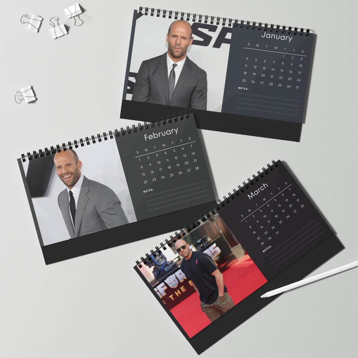 Jason Statham 2026 Desk Calendar | Celebrity Spiral Bound Photo Calendar | Action Star Fan Collectible | Stylish Desk & Office Décor